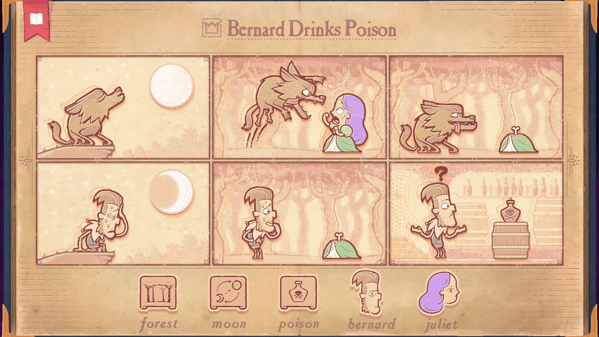 A story in the puzzle game Storyteller in which a man called Bernard has turned into a werewolf, eaten a woman in the forest, turned back into a man, and then been kind of ambivalent about it - the player has got the story wrong