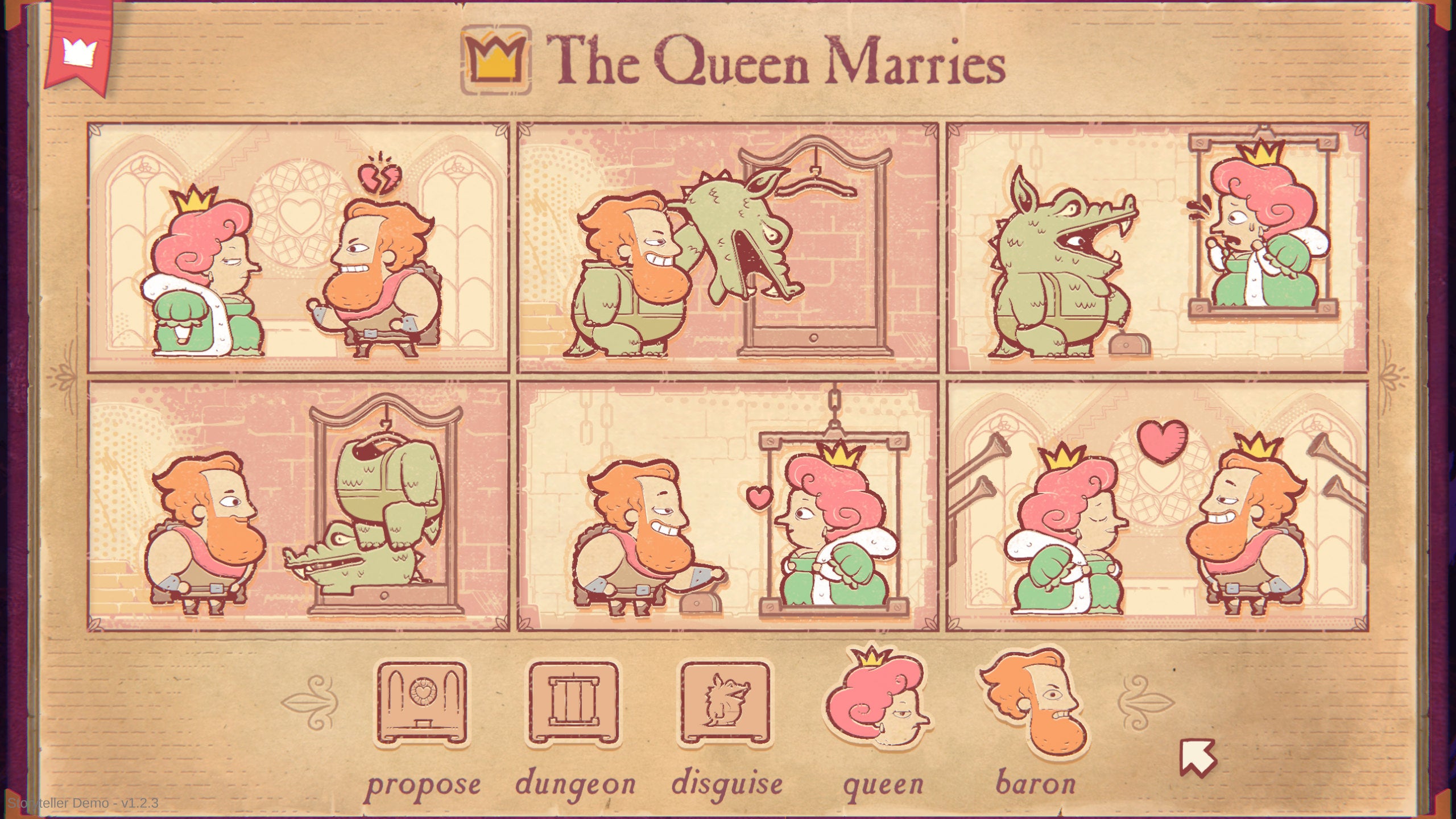 A Storyteller demo screenshot, showing a baron pretending to be a dragon and capturing the queen so he can later free and marry her.