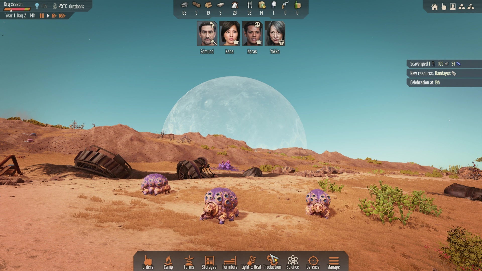 Purple bugs slouch around a desert environment in front of a large moon in Stranded: Alien Dawn