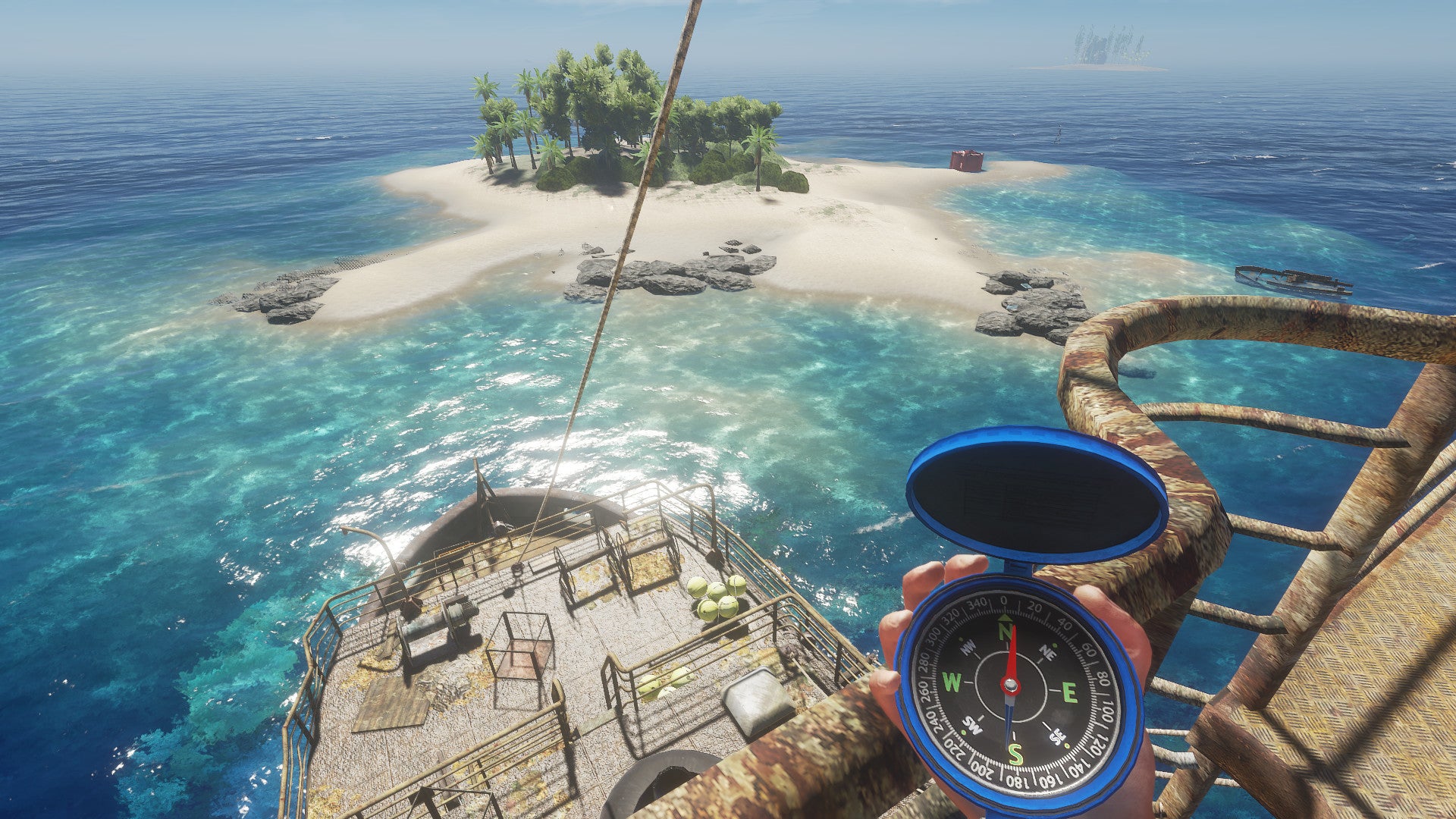 The player looks at a compass from aboard their ship in Stranded Deep.