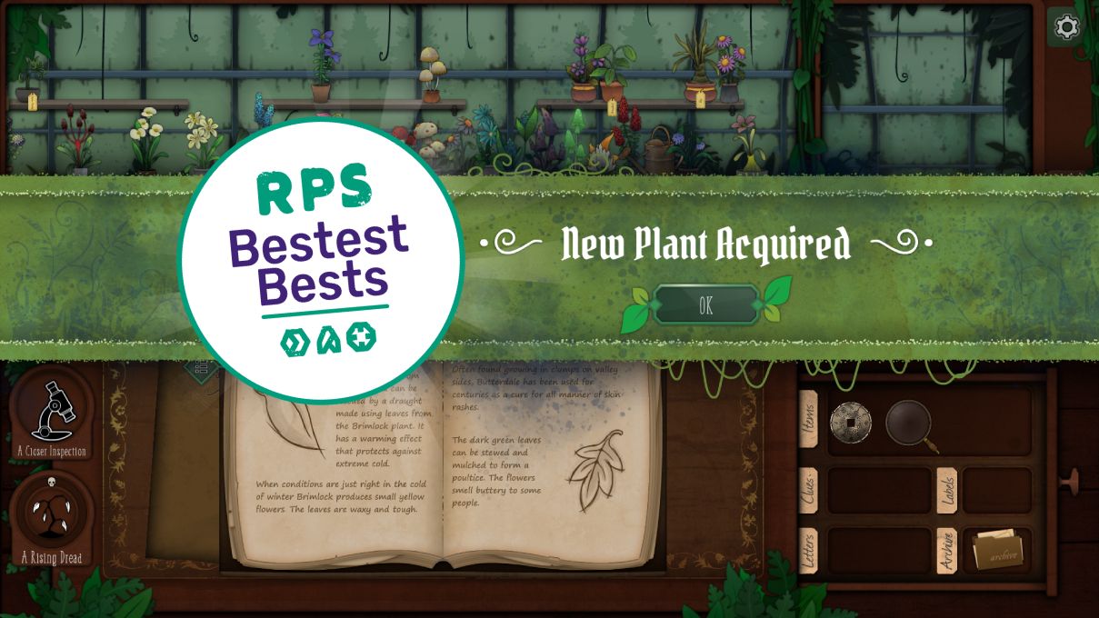 A screenshot from Strange Horticulture showing a banner reading New Plant Acquired across the screen - but instead of a plant it is the RPS Bestest Best logo!