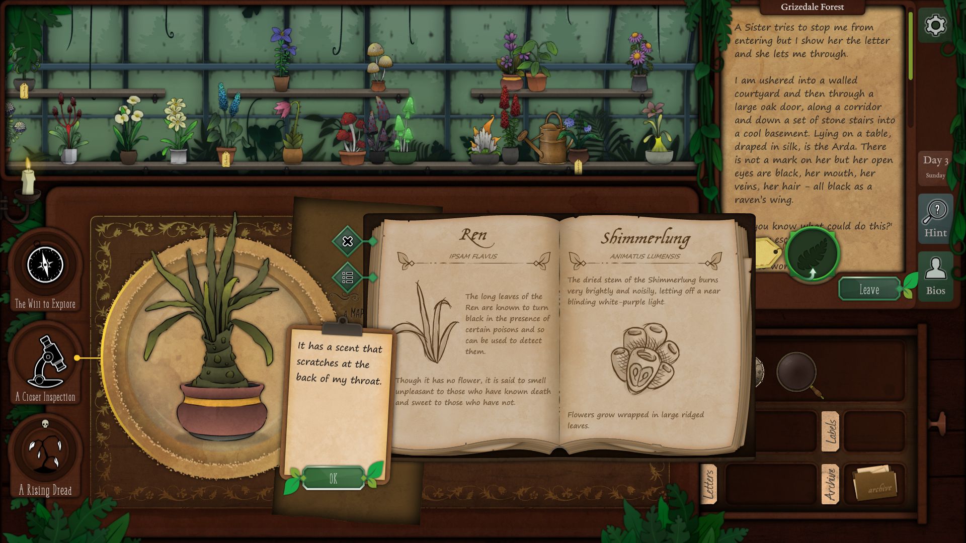 Uma captura de tela de Strange Horticulture mostrando a recepção de madeira da loja.  O jogador está tentando identificar uma planta e tem uma enciclopédia de plantas aberta.  Eles estão examinando uma planta provável mais de perto