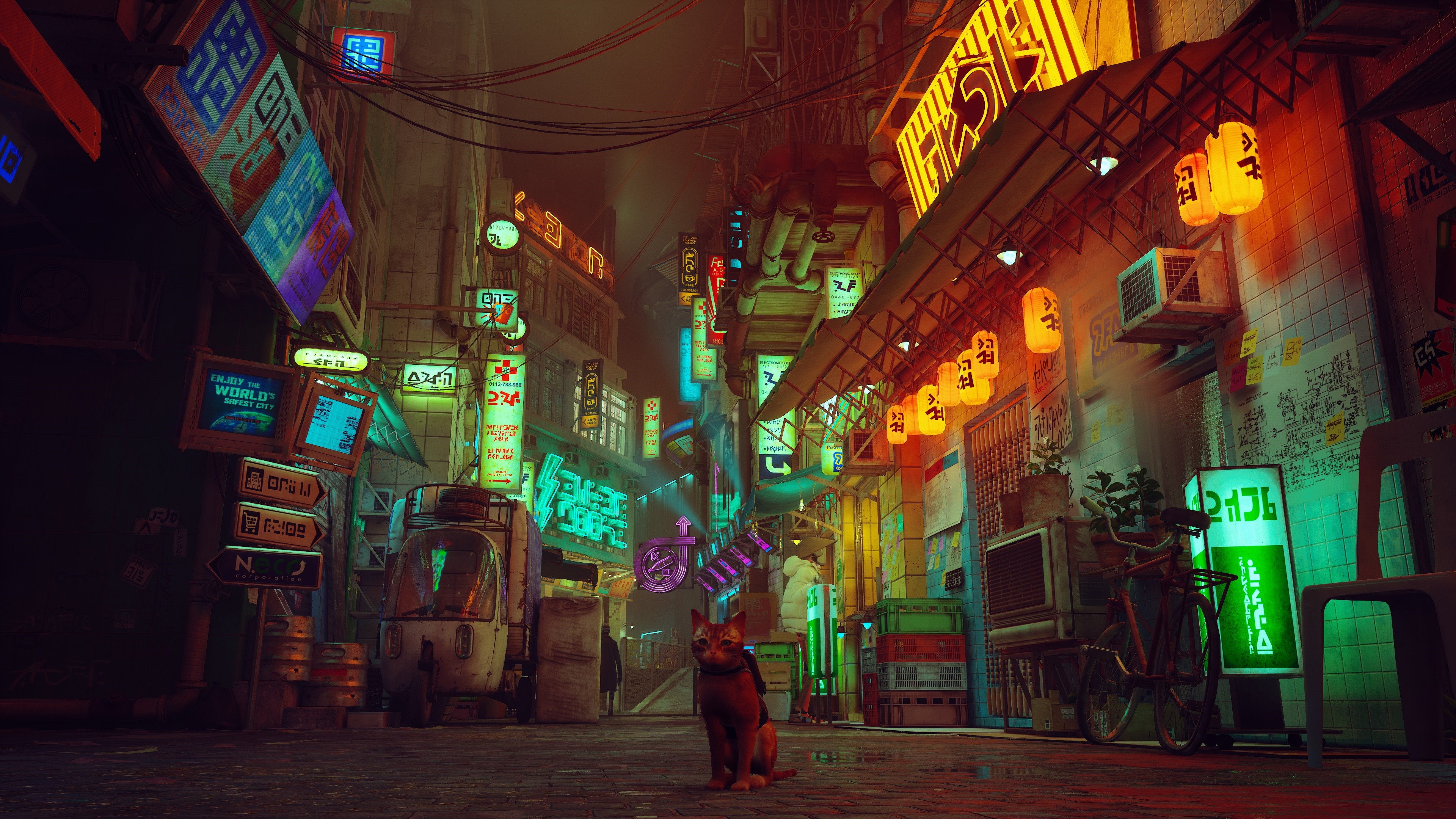 A ginger cat sits in the middle of a busy, neon street in Stray