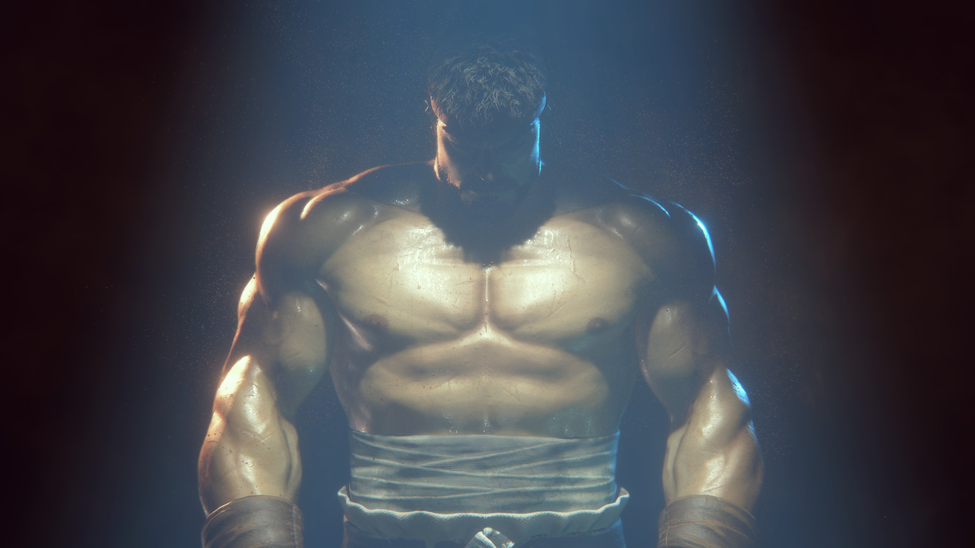 A sweaty Ryu stands in shadow in Street Fighter 6's announcement trailer.