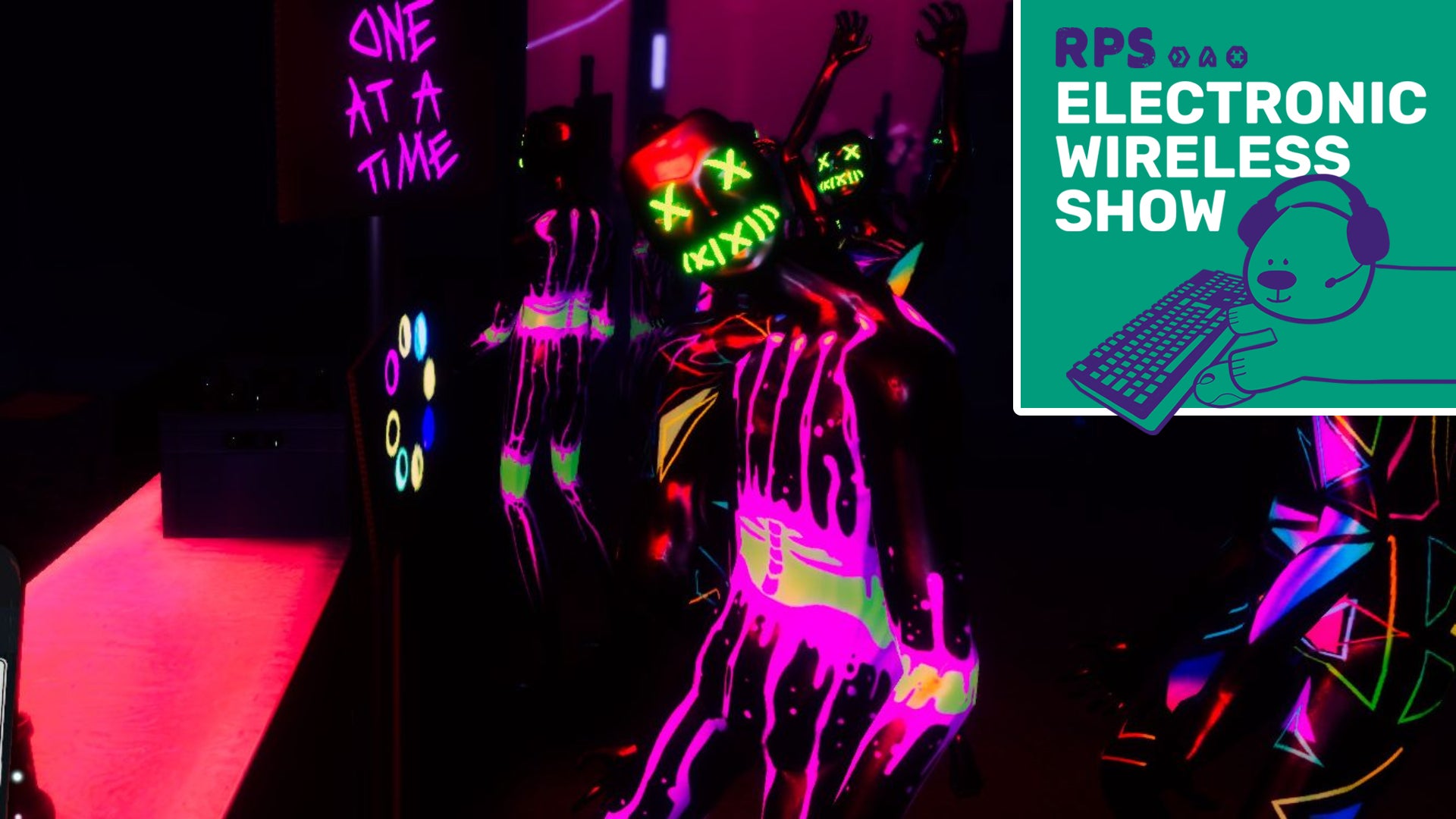 A screenshot from horror game Strobophagia, where participants in a forest rave look at the player. They're wearing black morph suits and have painted strange neon marks on their bodies, and wide bright yellow smiles over their heads. The Electronic Wireless Show podcast logo is superimposed on the top right corner of the picture