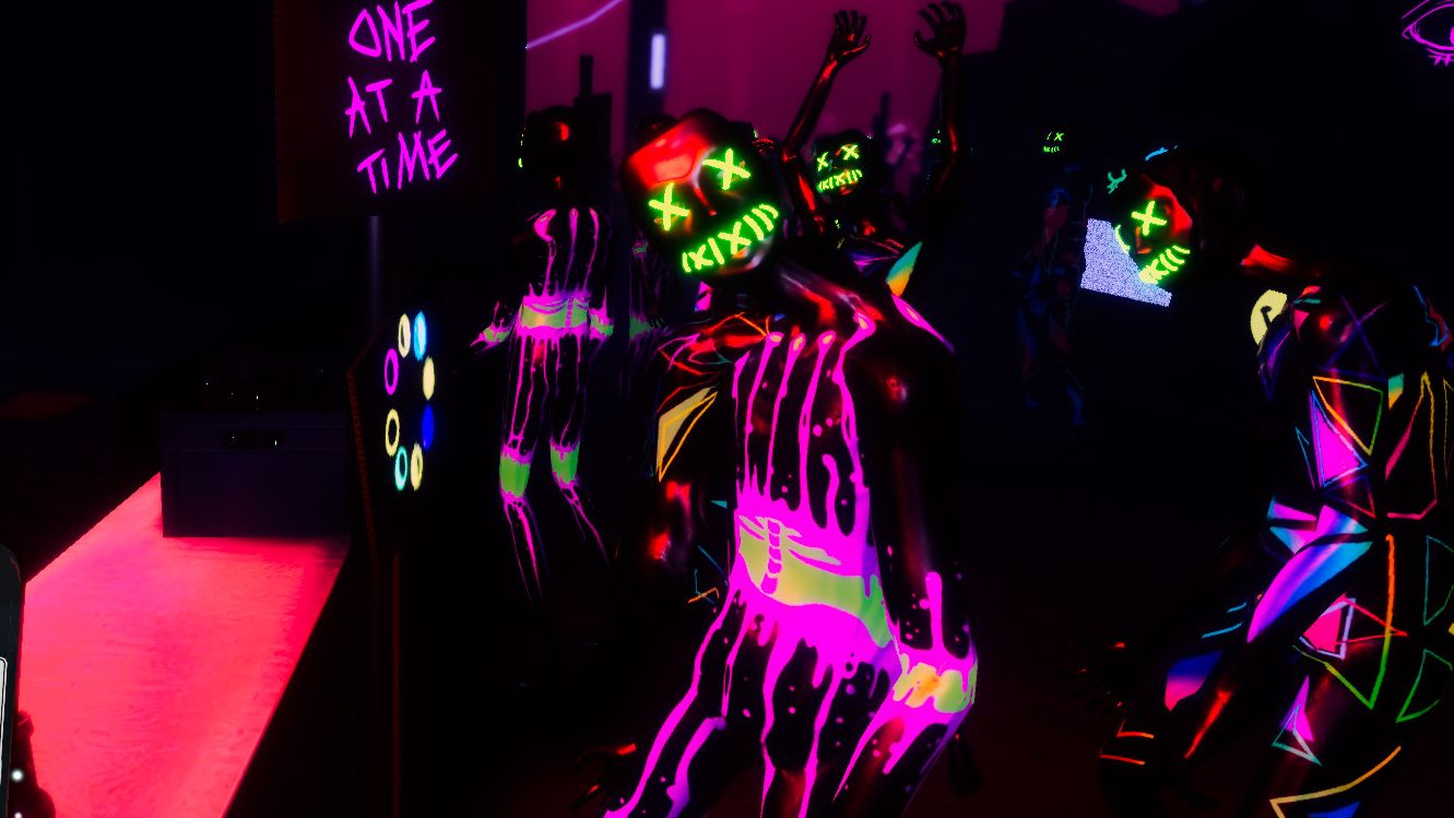 A screenshot from horror game Strobophagia, where participants in a forest rave look at the player. They're wearing black morph suits and have painted strange neon marks on their bodies, and wide bright yellow smiles over their heads