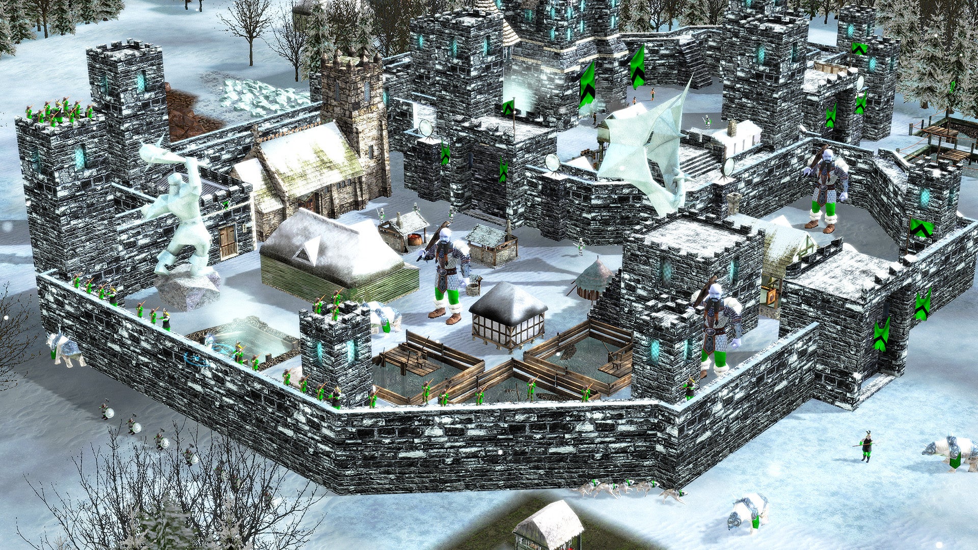 A snowy walled town scene in Stronghold Legends
