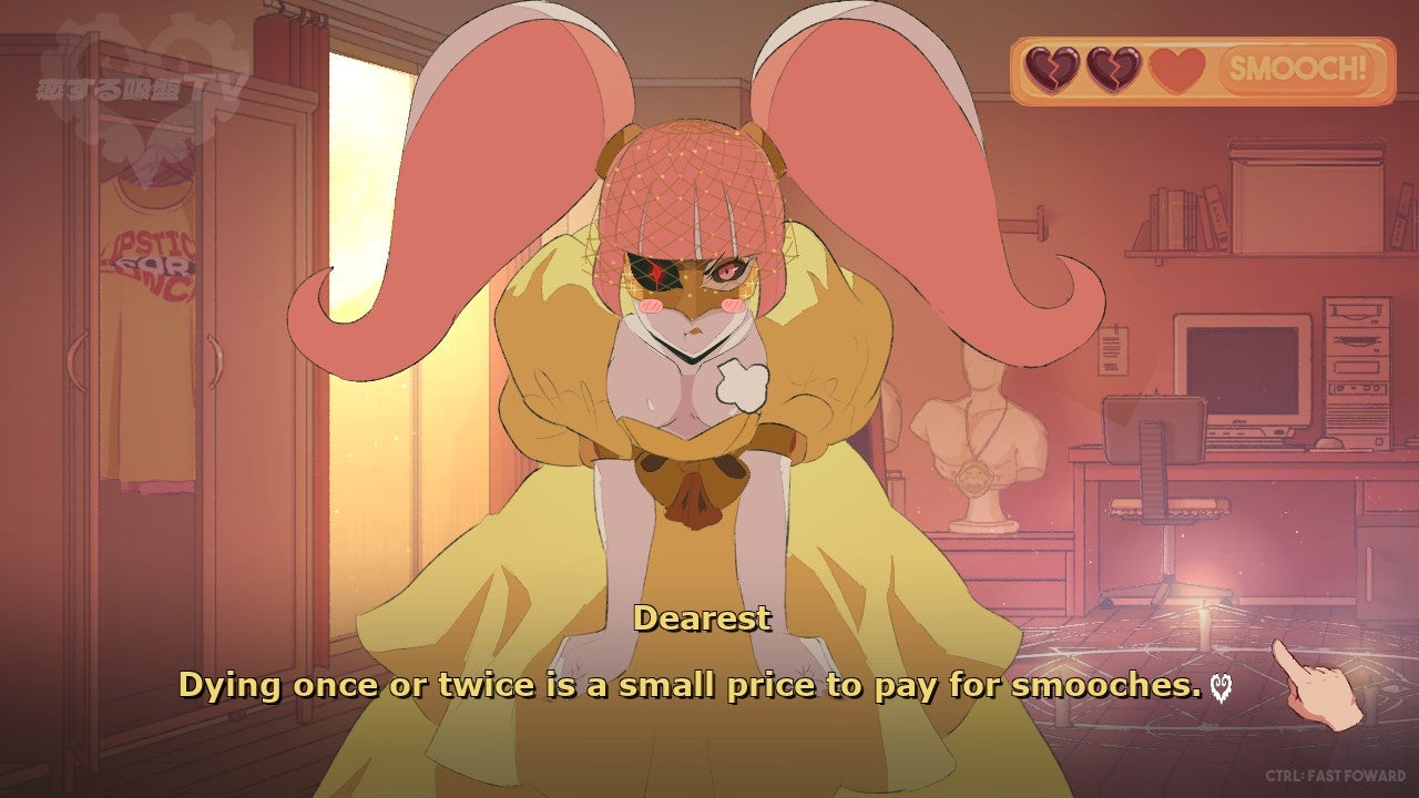 Estir, one of the love interests in Sucker For Love, pouting at the player. Caption reads "Dying once or twice is a small price to pay for smooches!"