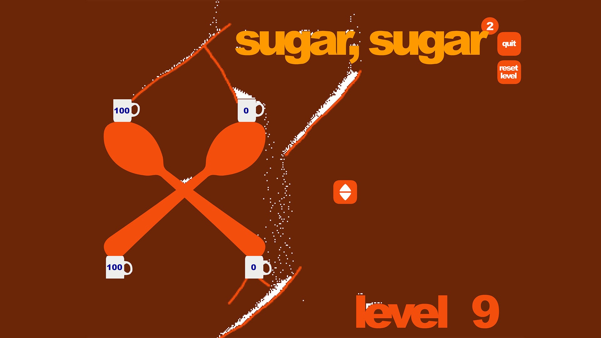 Sugar, Sugar - Two large spoons hold four cups. A player has drawn several different lines directing hundreds of grains of sugar into the cups from a single source.