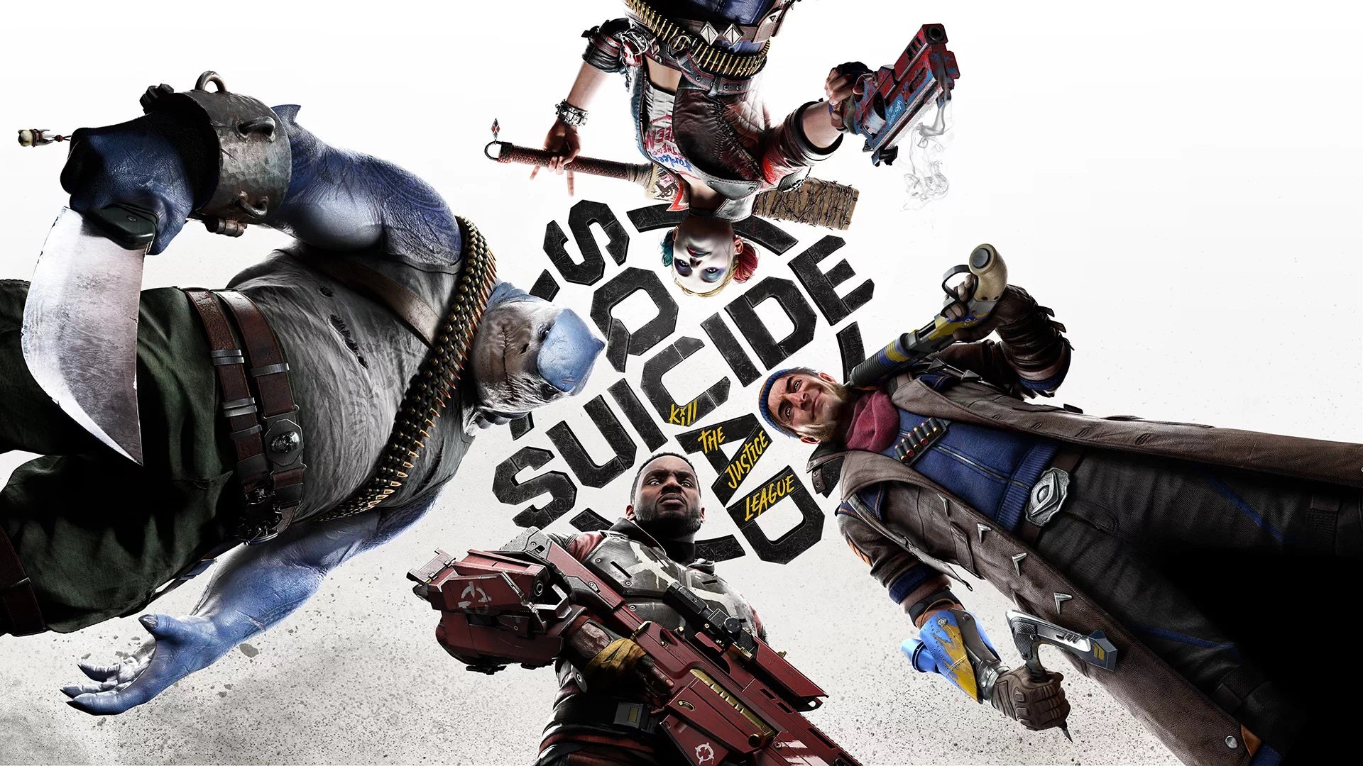 Key art from Suicide Squad: Kill the Justice League. Harley Quinn, Captain Boomerang, Deadshot, and King Shark glare menacingly down at the viewer from a POV on the floor.