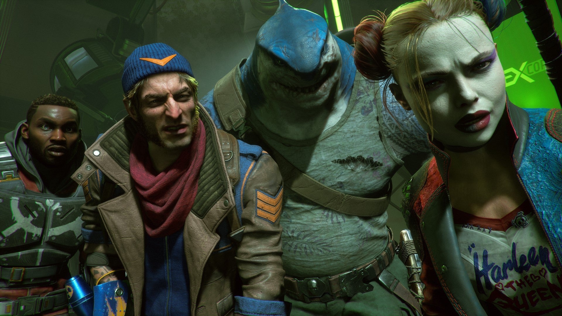 A dynamic team shot in close-up of Deadshot, Captain Boomerang, King Shark, and Harley Quinn in Suicide Squad: Kill the Justice League.