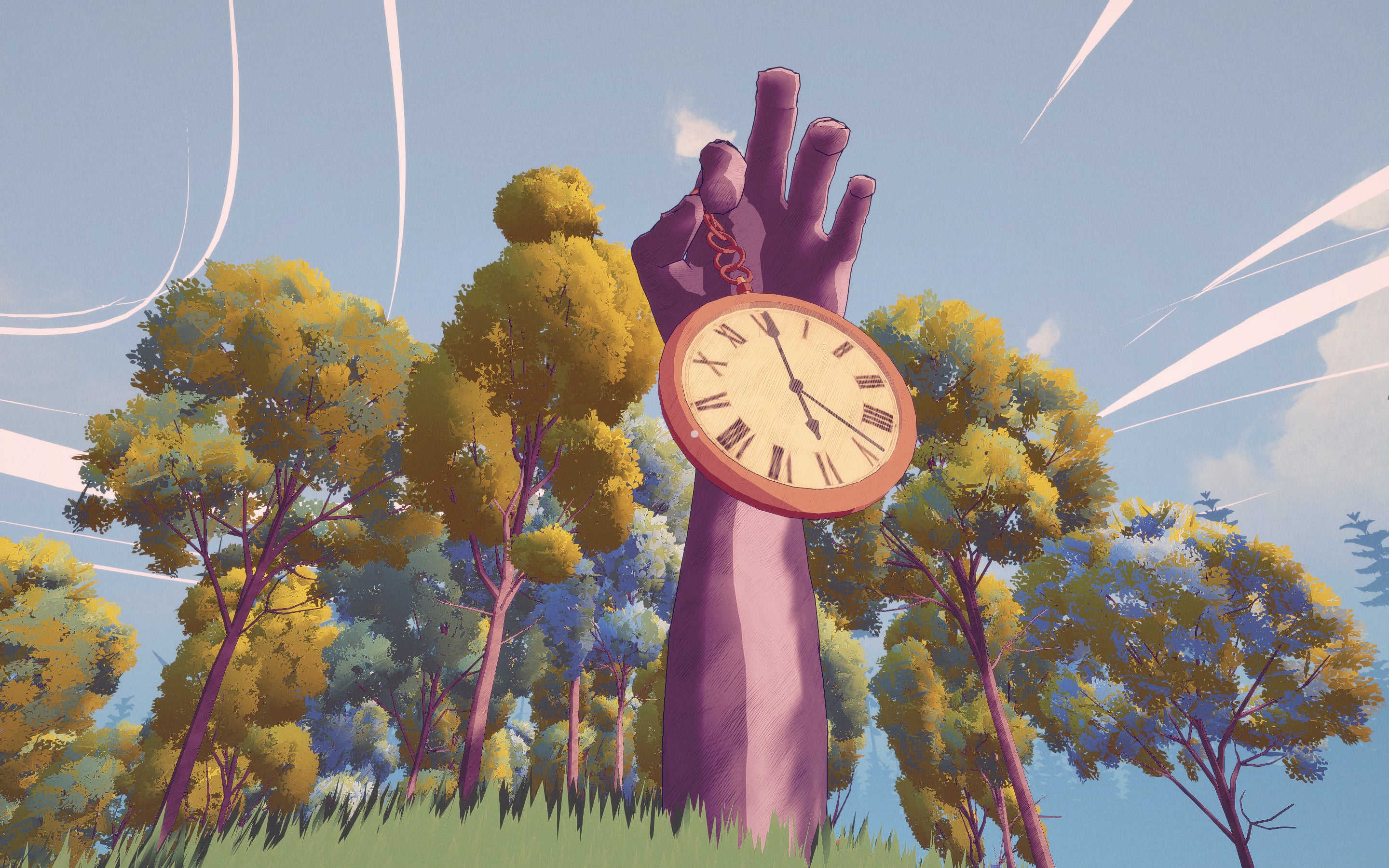 A giant hand emerging out of the ground, surrounded by leafy trees, is holding a large pocket watch. This represents the time limit in Summertime Madness