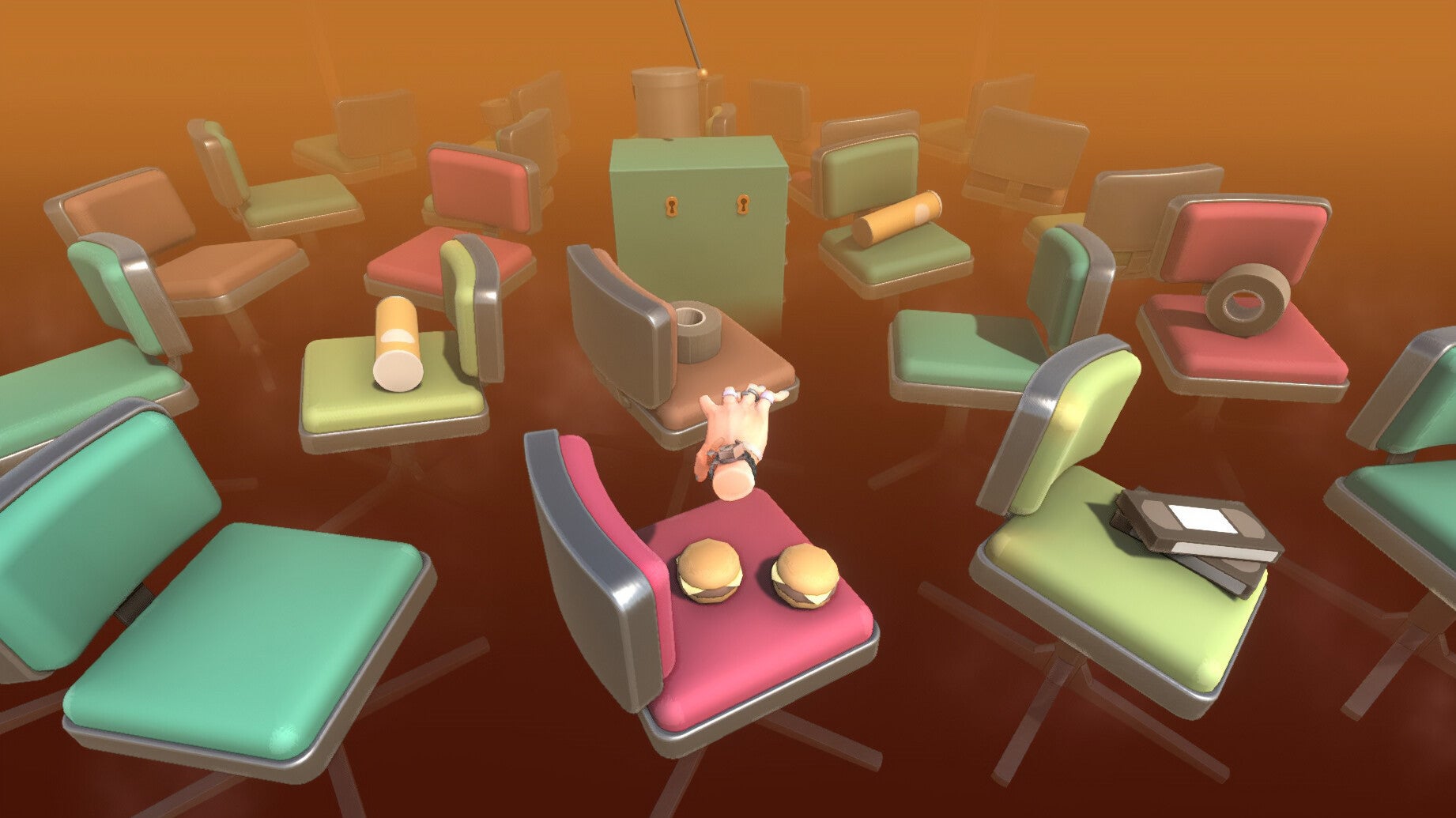 A disembodied hand scuttles over office chairs in Super Adventure Hand
