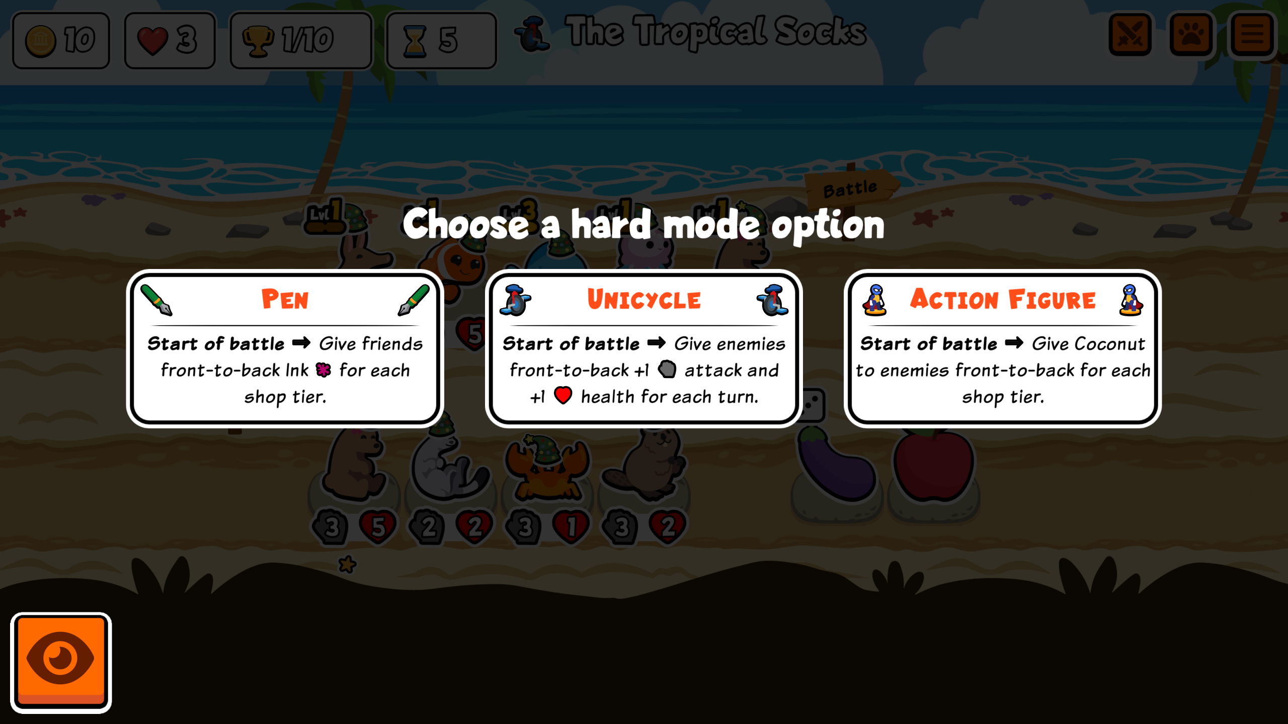 Hard Mode decisions in a Super Auto Pets screenshot.