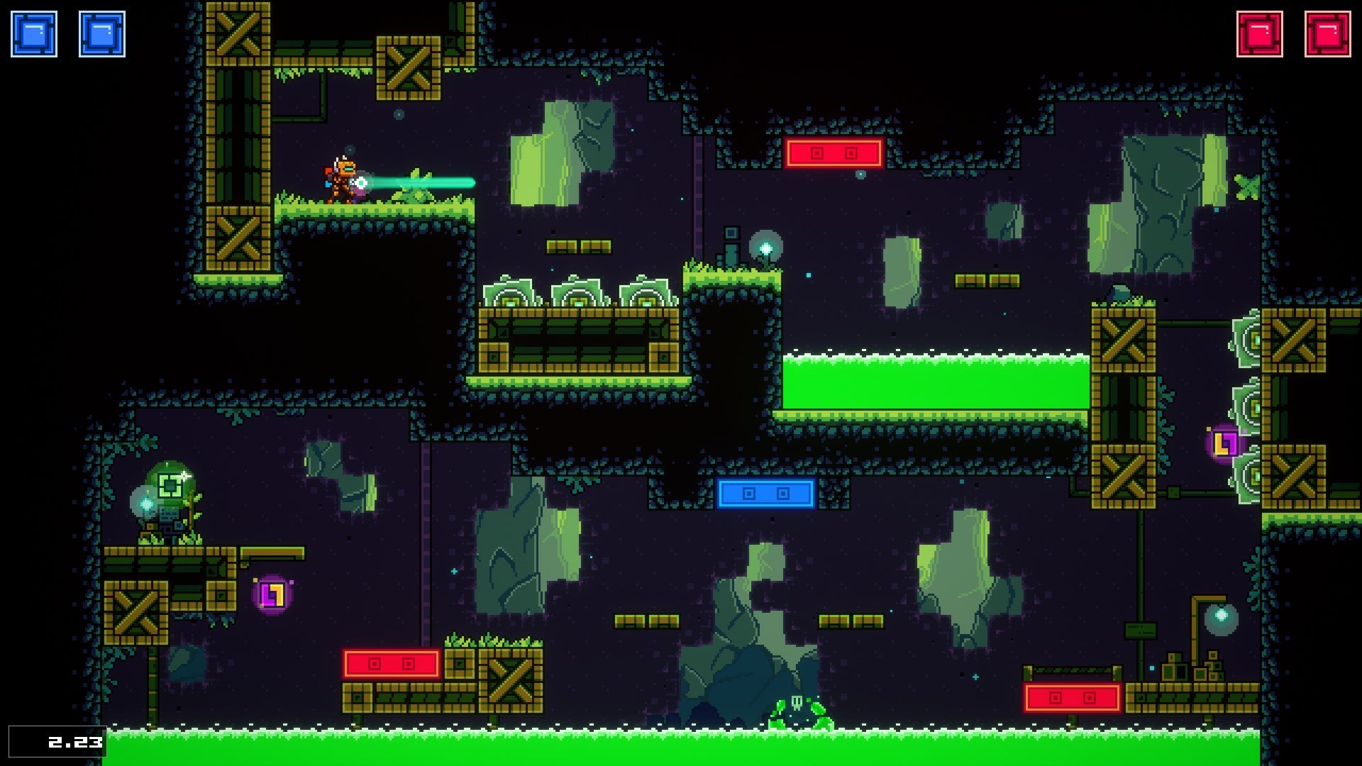 A screenshot of 2D platformer Super Magbot, showing a level in a cave featuring occasional red and blue magnetic platforms and a lot of spinning blades and green acid ready to kill you in between.