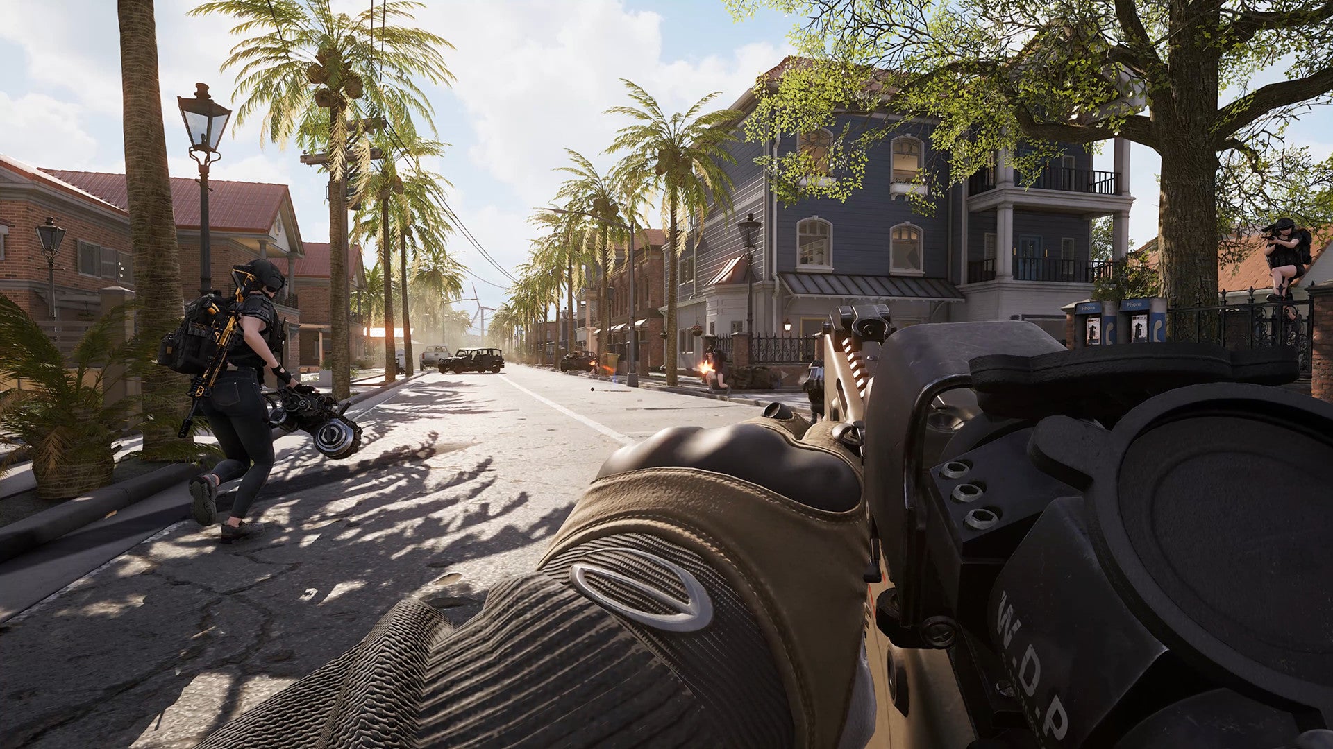 A screenshot of Super People showing a massive, screen-filling gun held in a sunny street lined by palmed trees.