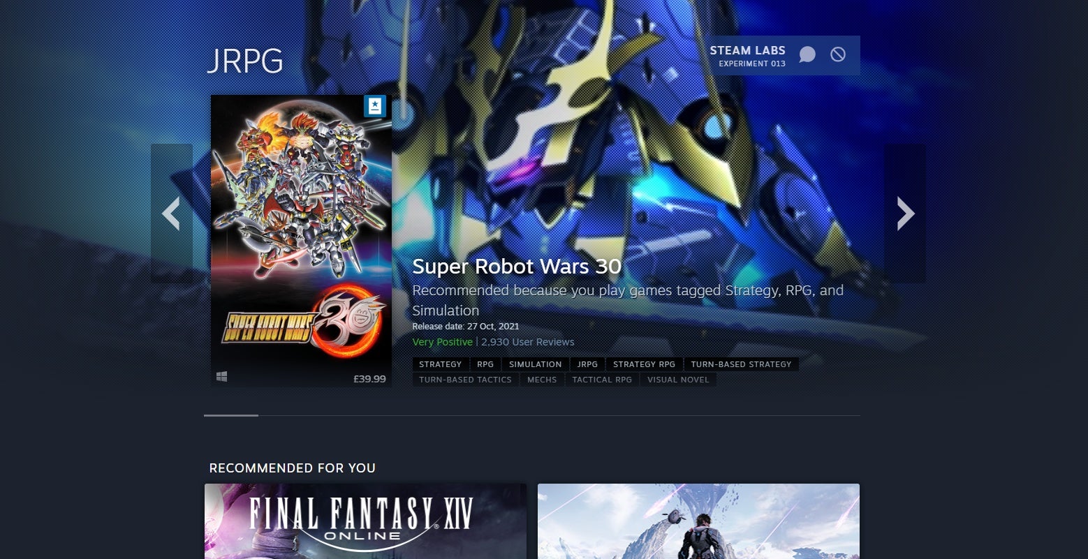A screenshot of Steam's new tag and category pages as updated in Steam Labs Experiment 13.
