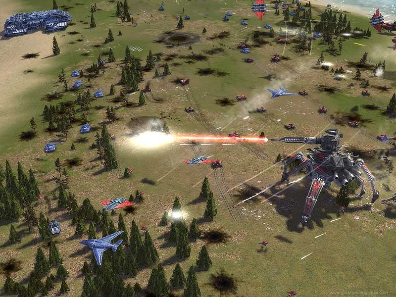 A large mechanised spider weapon fires a laser at several small planes in Supreme Commander Forged Alliance
