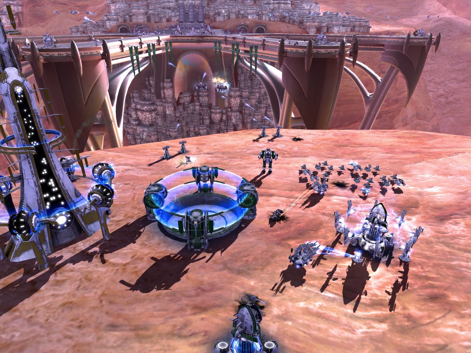 Robots gather to fight on a cliff in front of a large sci-fi city in Supreme Commander 2