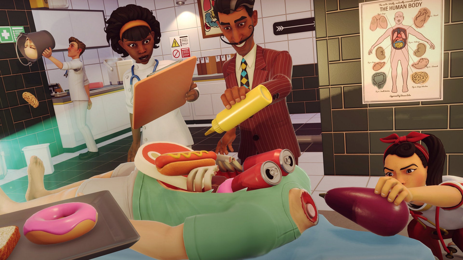 A man pours mustard into the open stomach of a man with a severed head in Surgeon Simulator 2