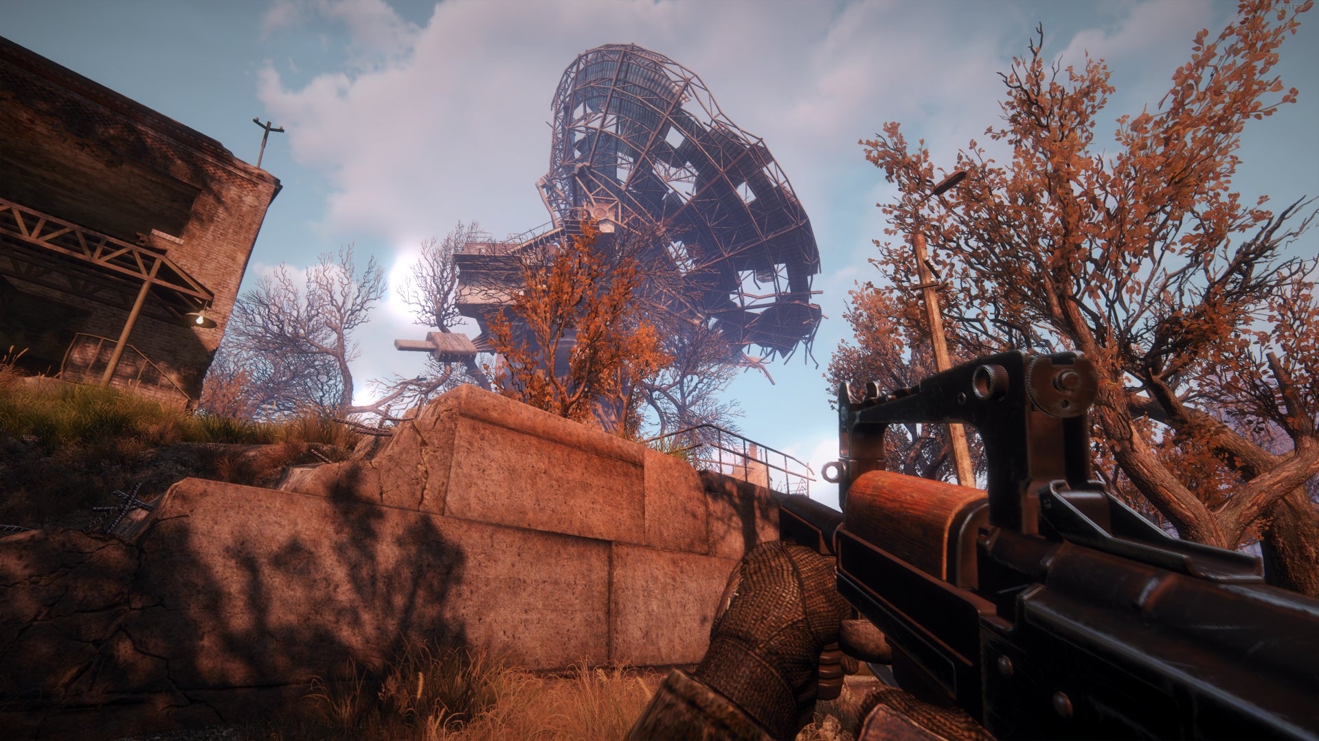 A big, ruined, satellite dish in the exclusion zone of Survarium, viewed from a first-person perspective.