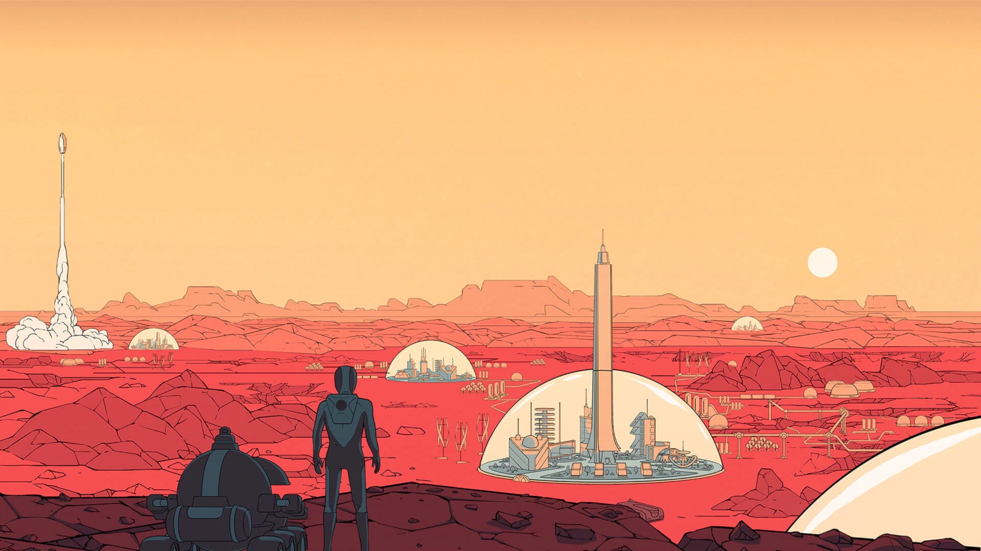 Surviving Mars artwork showing an astronaut and a robot looking out over a Martian landscape