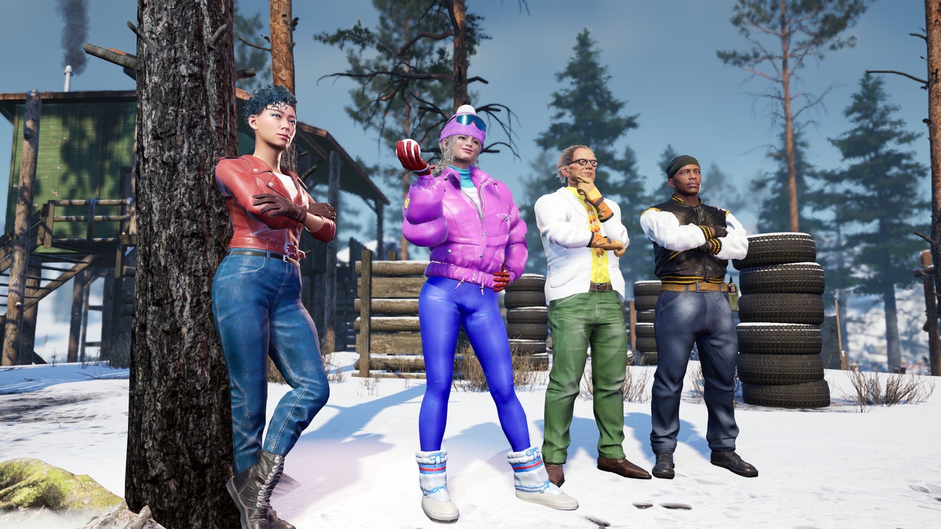 Four snowballers line up in Snow War's pine forest.