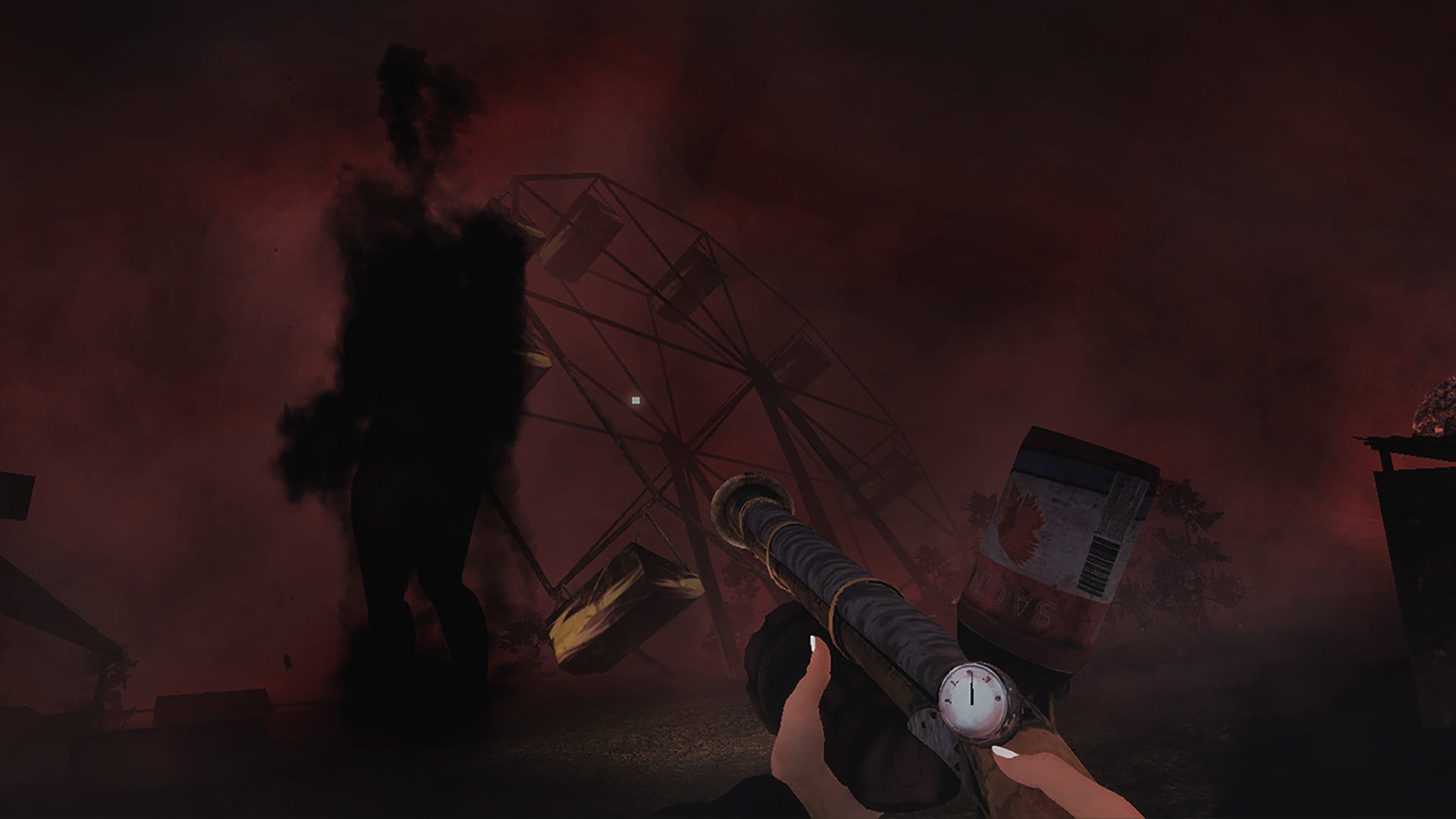 The protagonist of Sylvio aims a makeshift gun at a shadow in front of an abandoned Ferris wheel