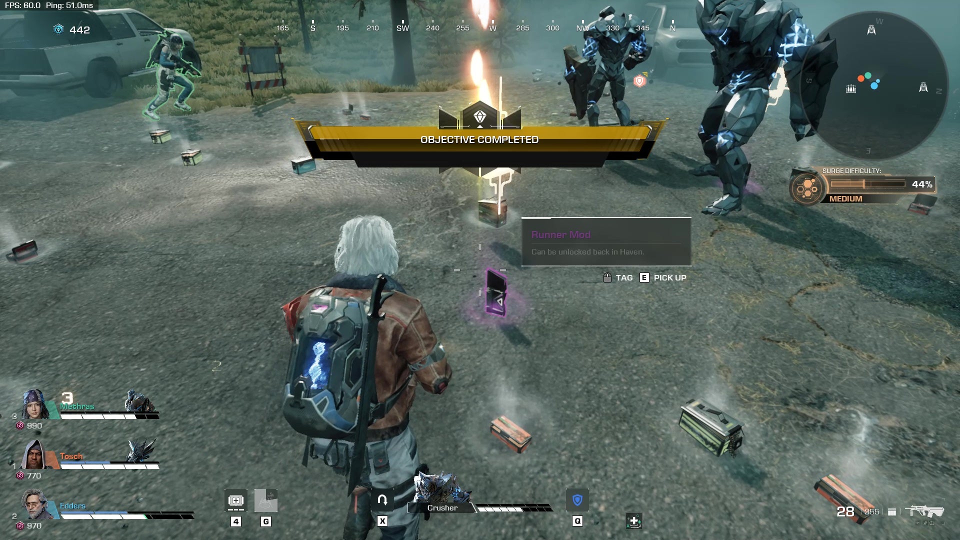 A player hoovers up some mod slot loot in Synced having defeated a powerful Surge.