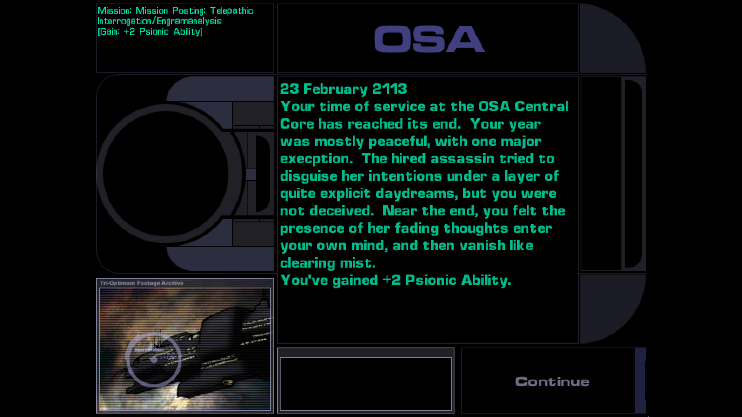 A little story accompanying a character creation decision in a System Shock 2 screenshot.
