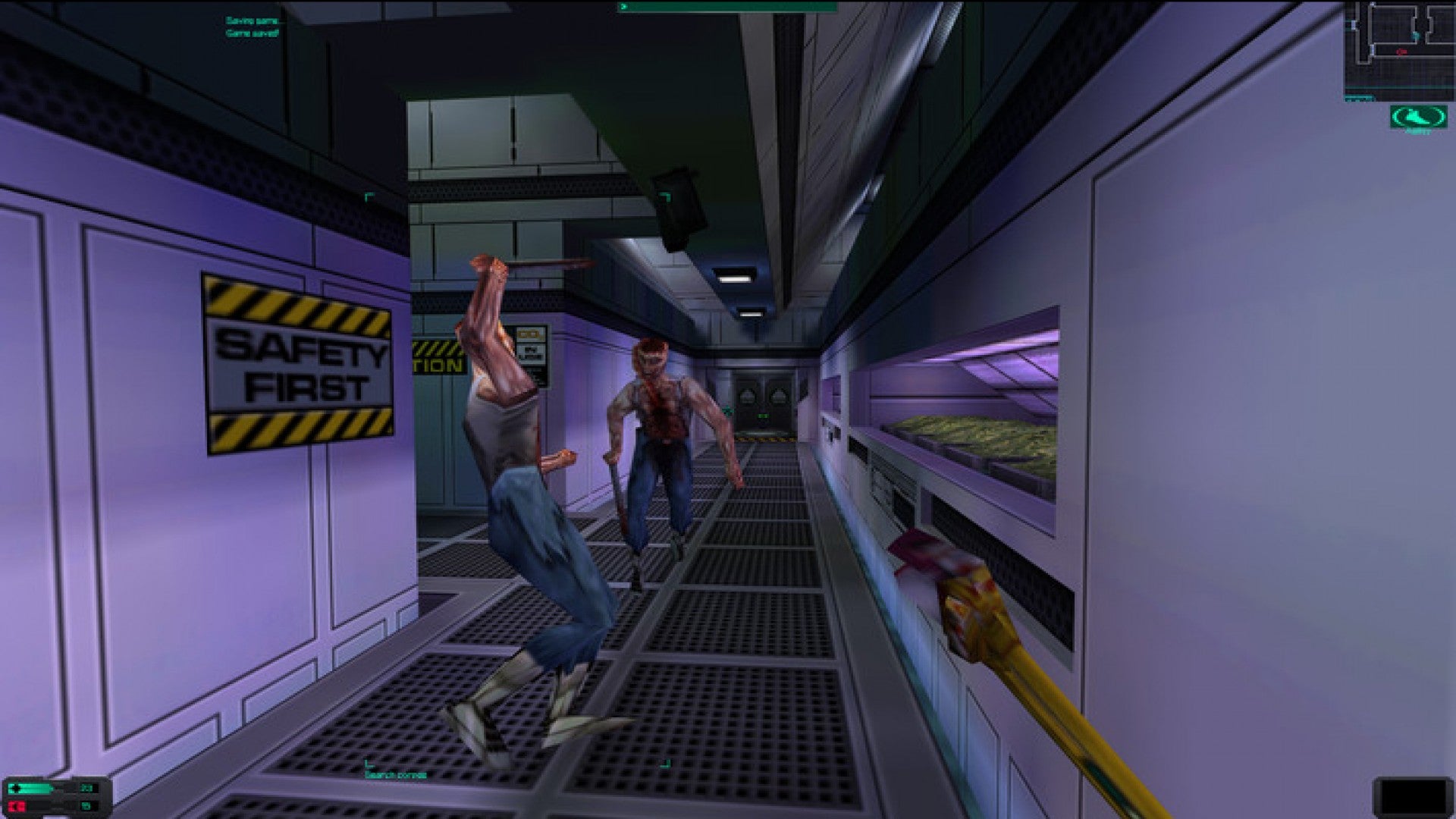Two monsters fight in a hallway in System Shock 2
