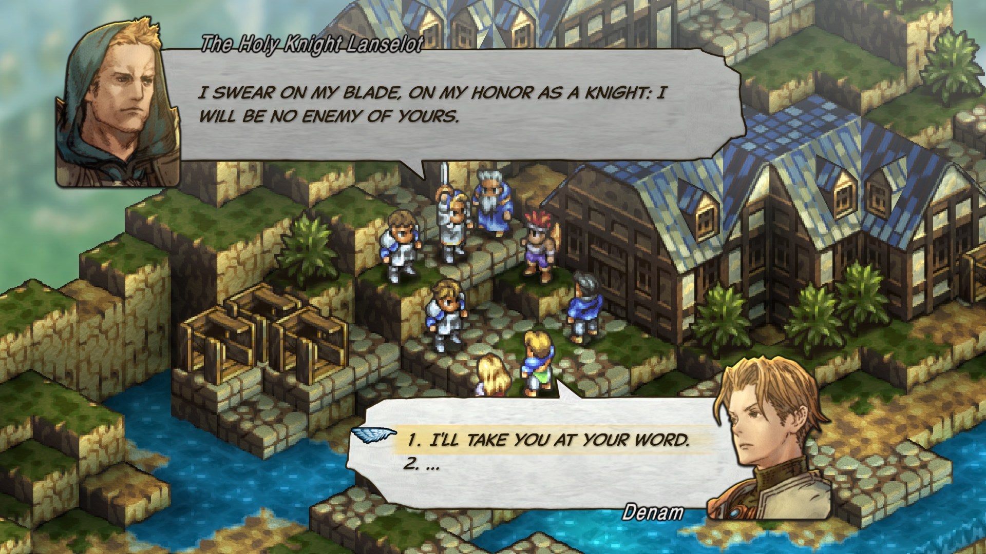 A character makes a dialogue choice in Tactics Ogre: Reborn, with nice portrait art and iffy up-ressed pixel art.