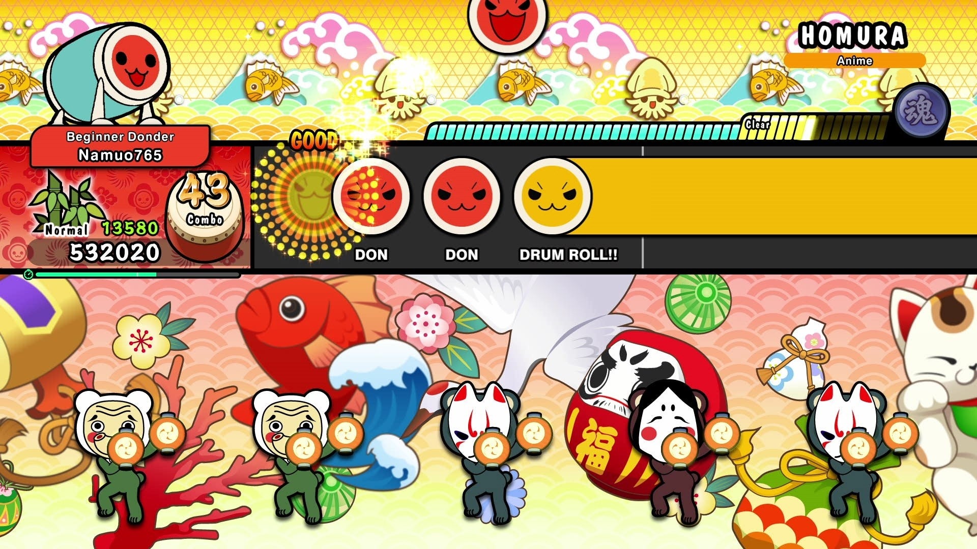 A screenshot of Taiko no Tatsujin, a rhythm game, which has Japanese business men drawing at the bottom in a colourful scene and a bar of drum beats at the top.