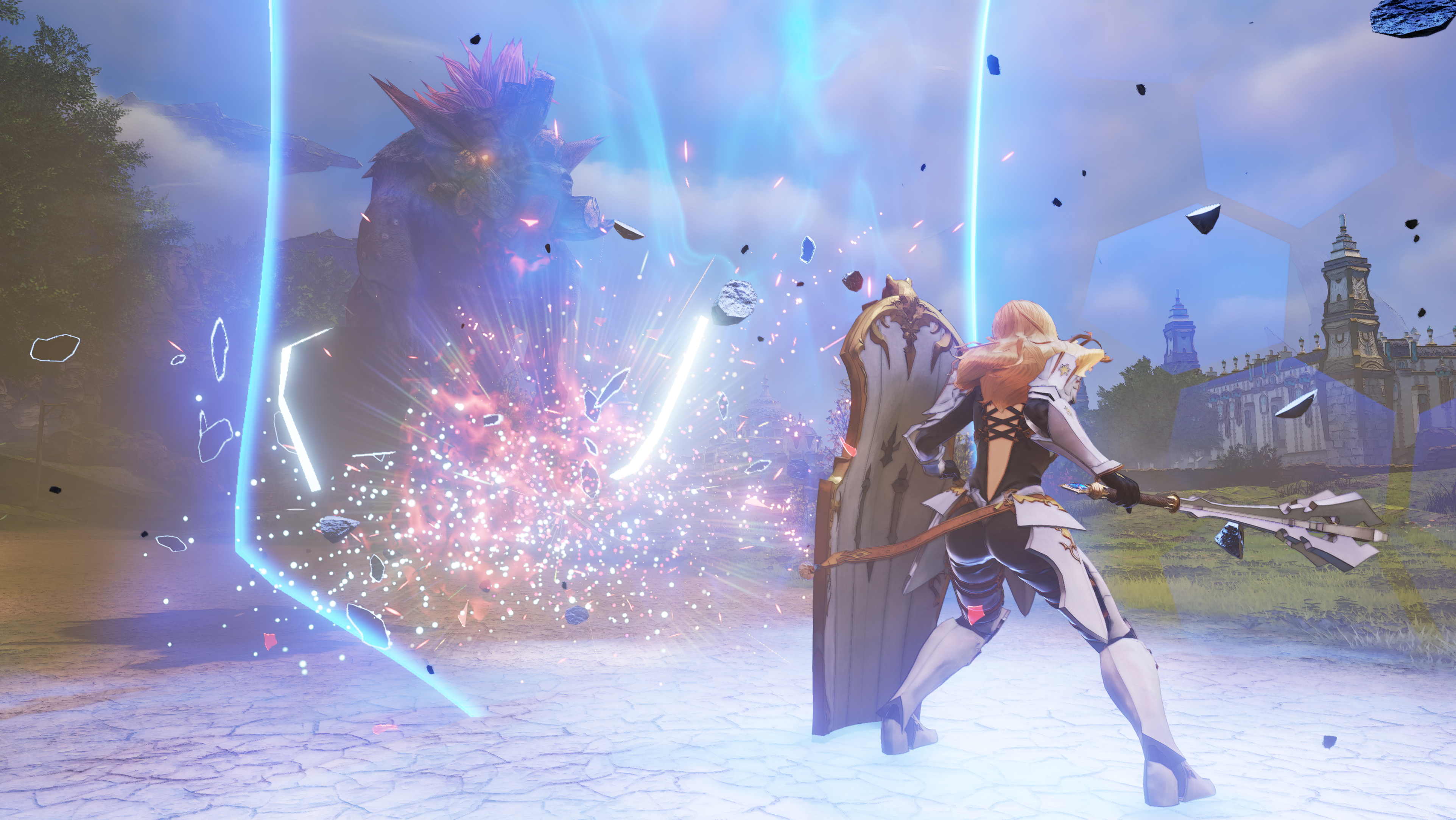 A woman fights a giant monster in a field in Tales Of Arise
