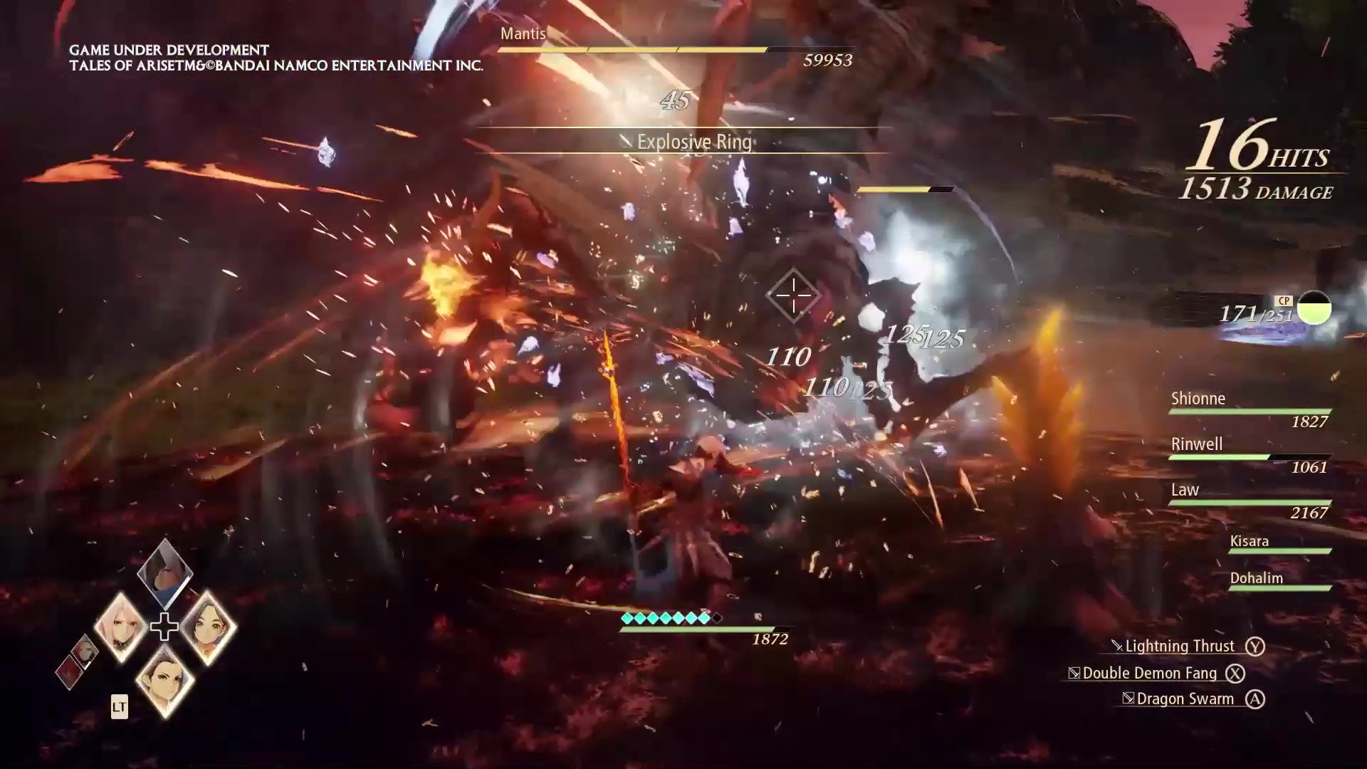 An image from Tales Of Arise which shows a a hectic battle screen with fire everywhere and status effects going off and numbers and bars and oh god.