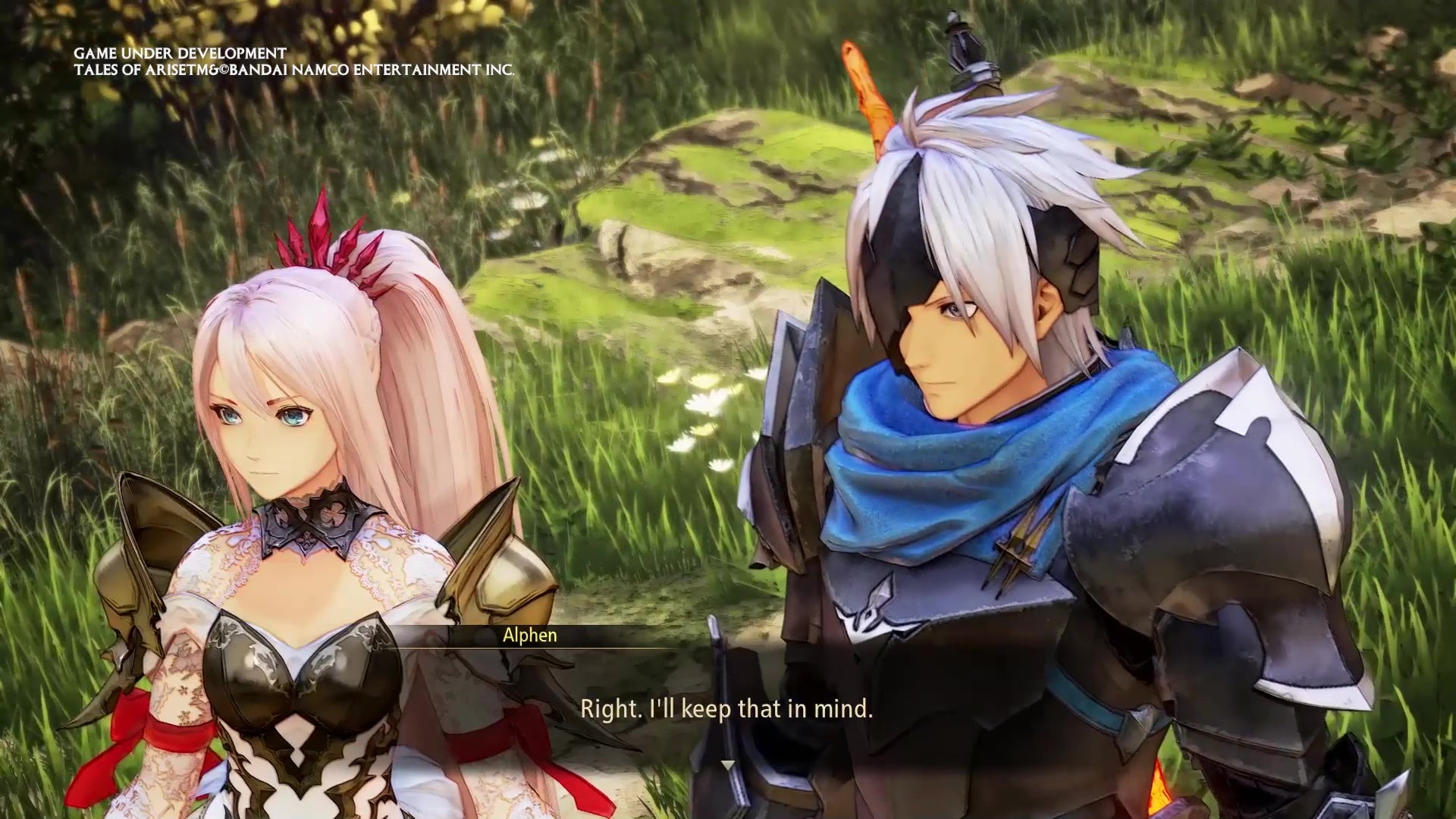 An image from Tales Of Arise which shows Alphen in conversation with Shionne. He says, "Right, I'll keep that in mind".