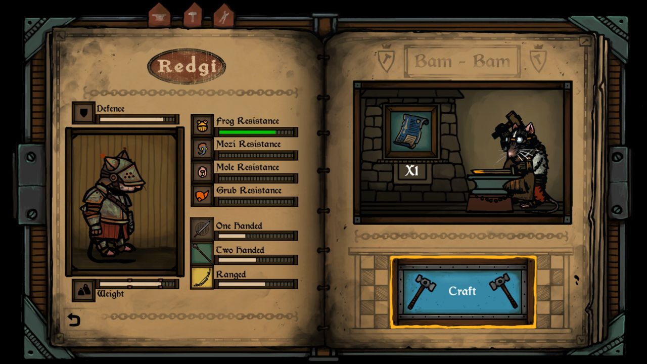 A crafting screen in Tails Of Iron, where protagonist rat prince Redgi can craft armour. It looks like an old-timey book with thick yellowy pages.