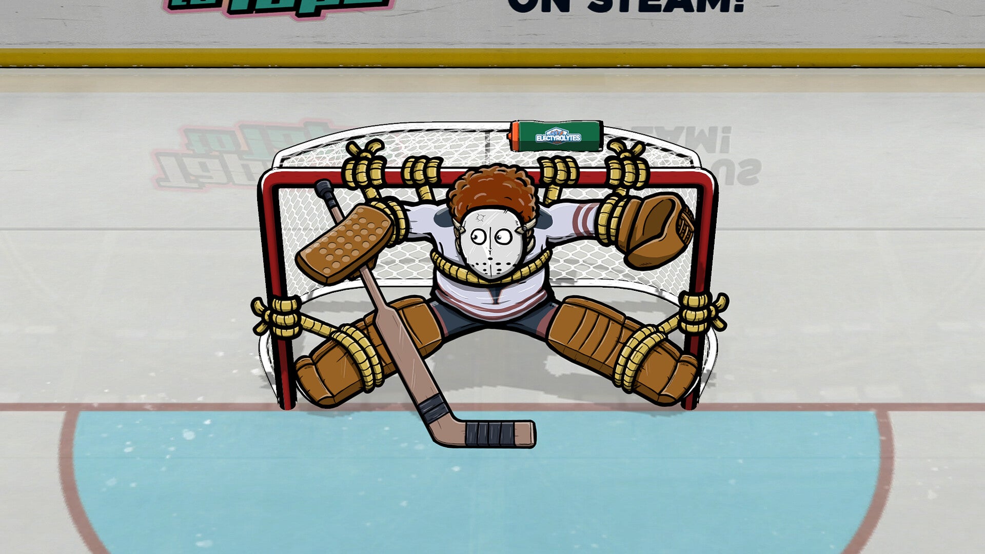 An ice hockey goalie ties themselves to the goal in Tape To Tape
