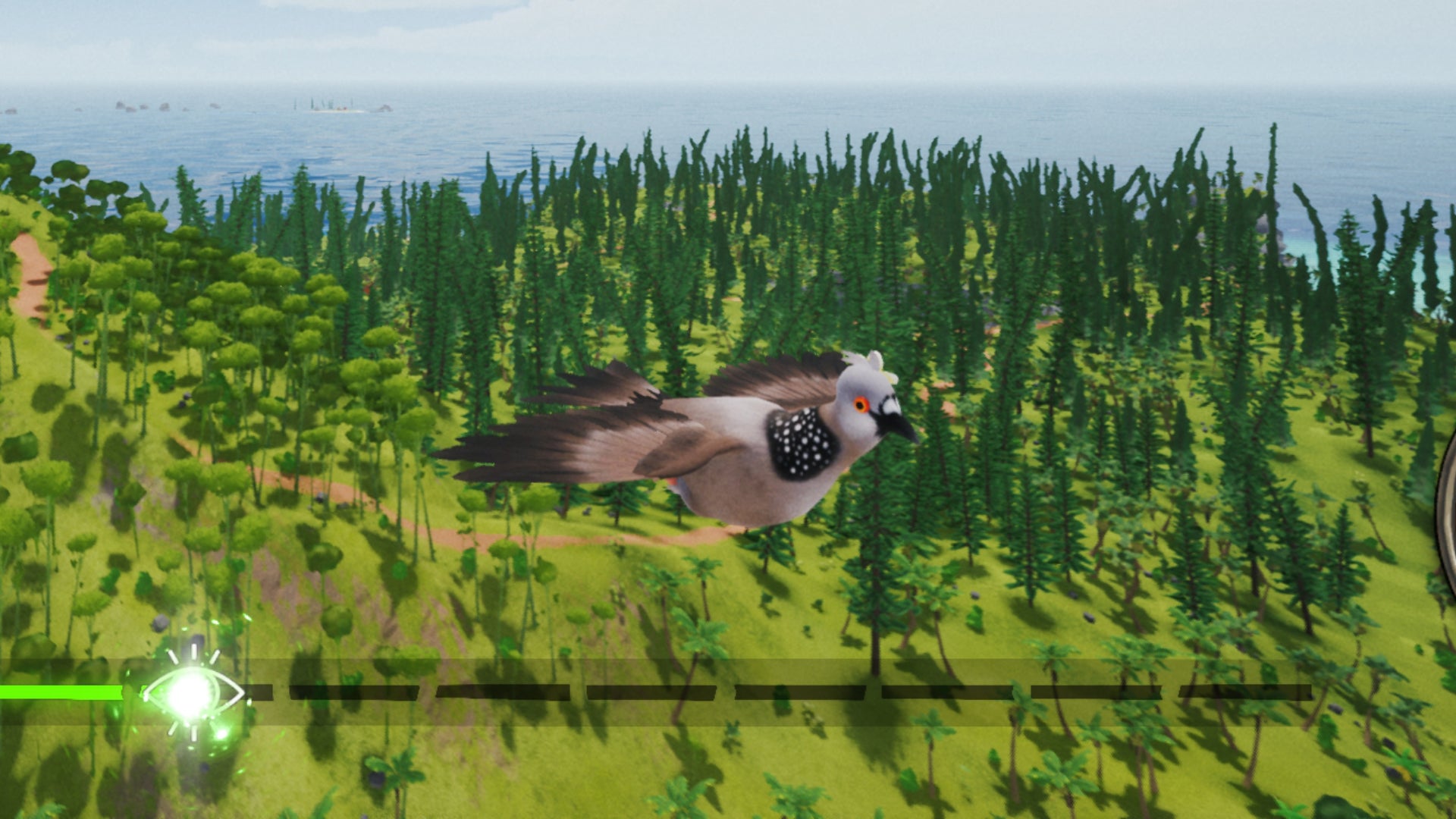 Un pájaro vuela sobre un bosque en Tchia.
