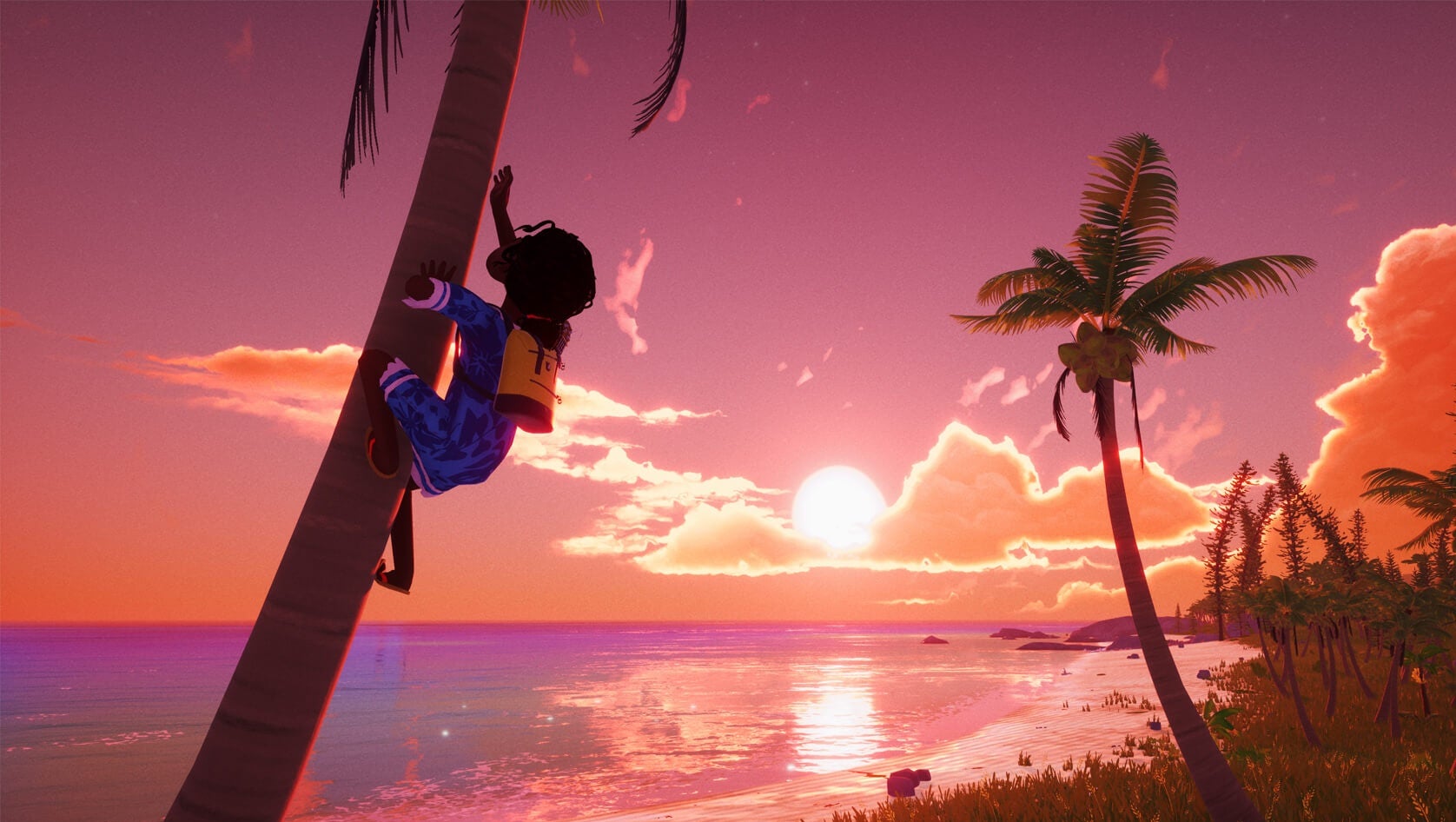 A screenshot of Tchia showing the protagonist climbing a tree near a beach against the background of a beautiful sunset.