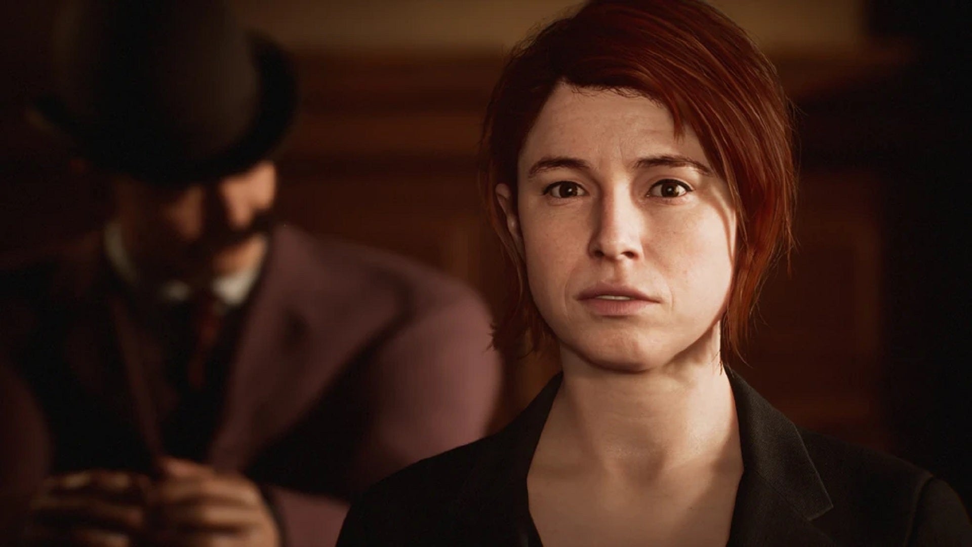 Jessie Buckley as Kate Wilder in The Dark Pictures Anthology: The Devil In Me. In the background of the shot, a Supermassive house model portrays an actor playing H.H. Holmes in Kate's documentary series.