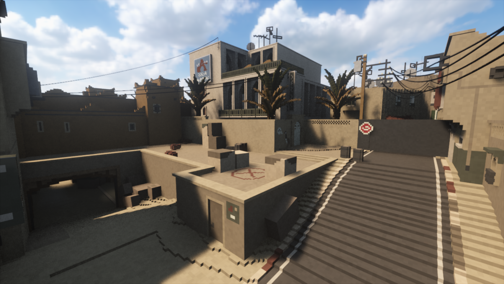 A screenshot of bomb site B from Counter-Strike's de_dust, only recreated in the Teardown engine which makes the entire level destructible.