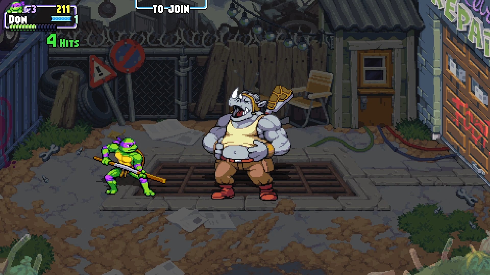 Donatello enfrenta um Rocksteady rindo em Teenage Mutant Ninja Turtles: Shredder's Revenge