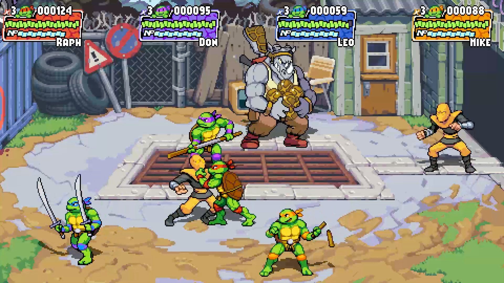 A screenshot from Teenage Mutant Ninja Turtles: Shredder's Revenge showing the heroes in a half-shell battling Rocksteady and the Foot.