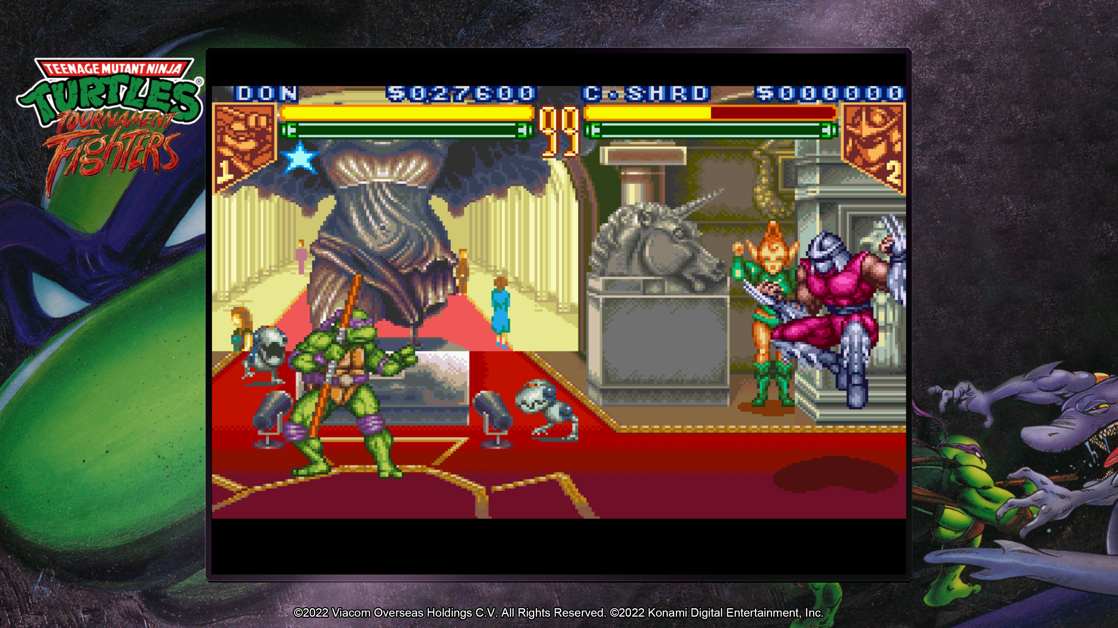 Donatello and Shredder fight in a screenshot of Teenage Mutant Ninja Turtles: Tournament Fighters from Teenage Mutant Ninja Turtles: The Cowabunga Collection.