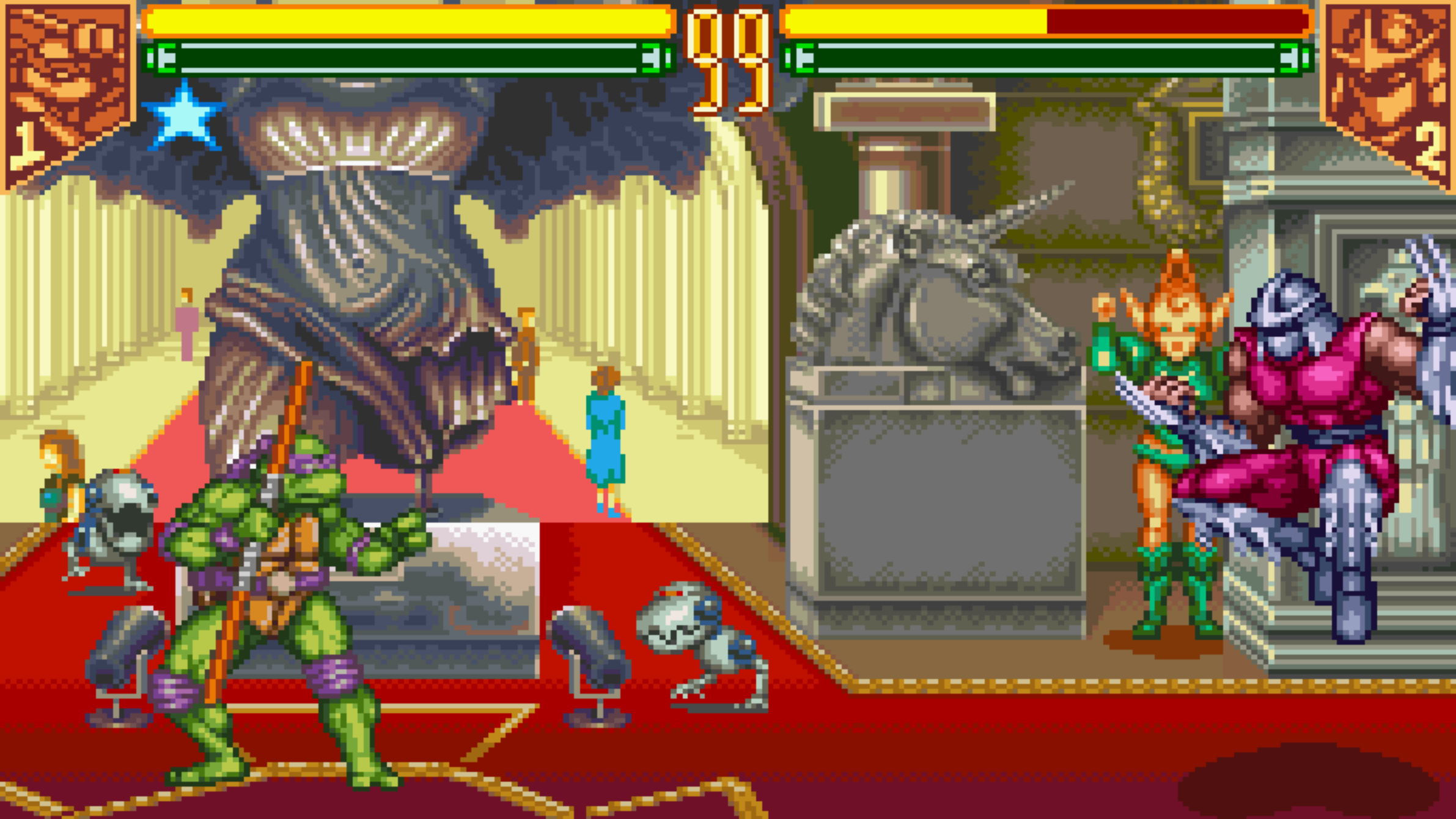 Donatello and Shredder fight in a screenshot of Teenage Mutant Ninja Turtles: Tournament Fighters from Teenage Mutant Ninja Turtles: The Cowabunga Collection.
