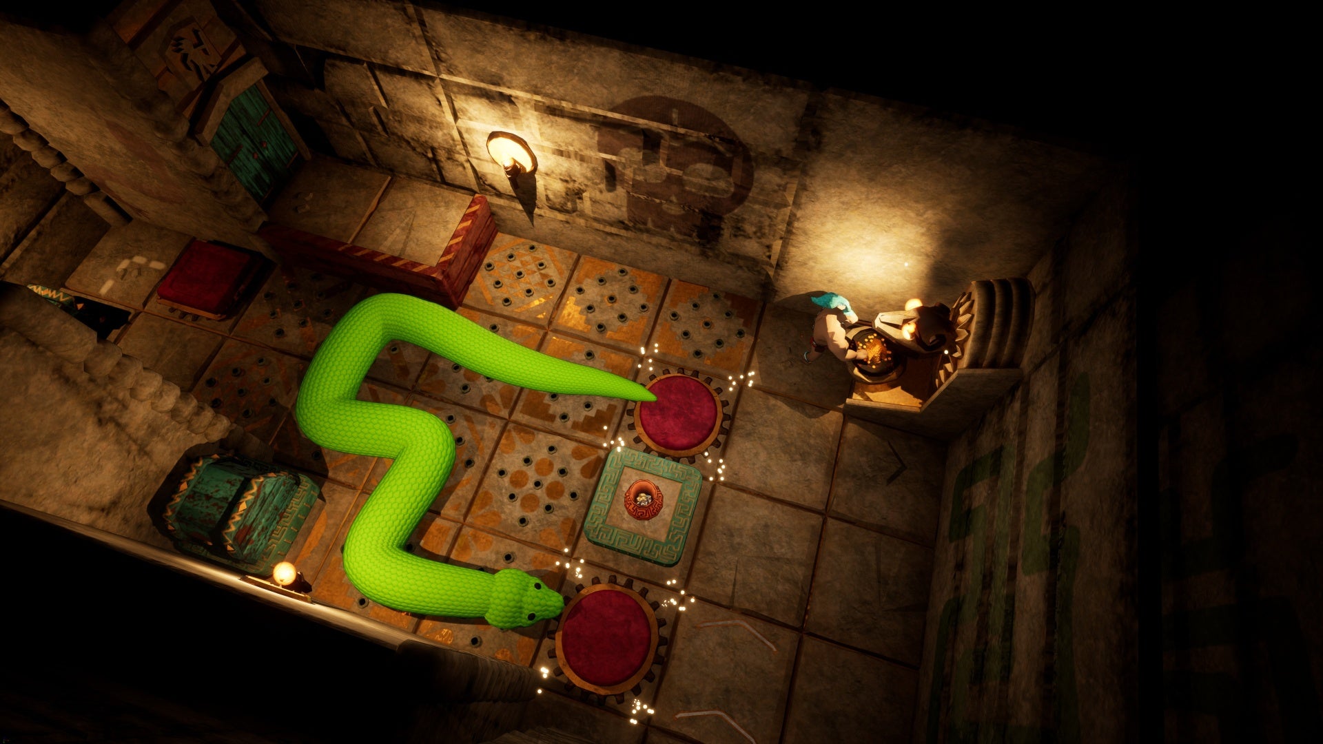 A screenshot of Temple Of Snek, showing a large green snake stretched across a gridded floor seemingly covered in switches and potential spikes.