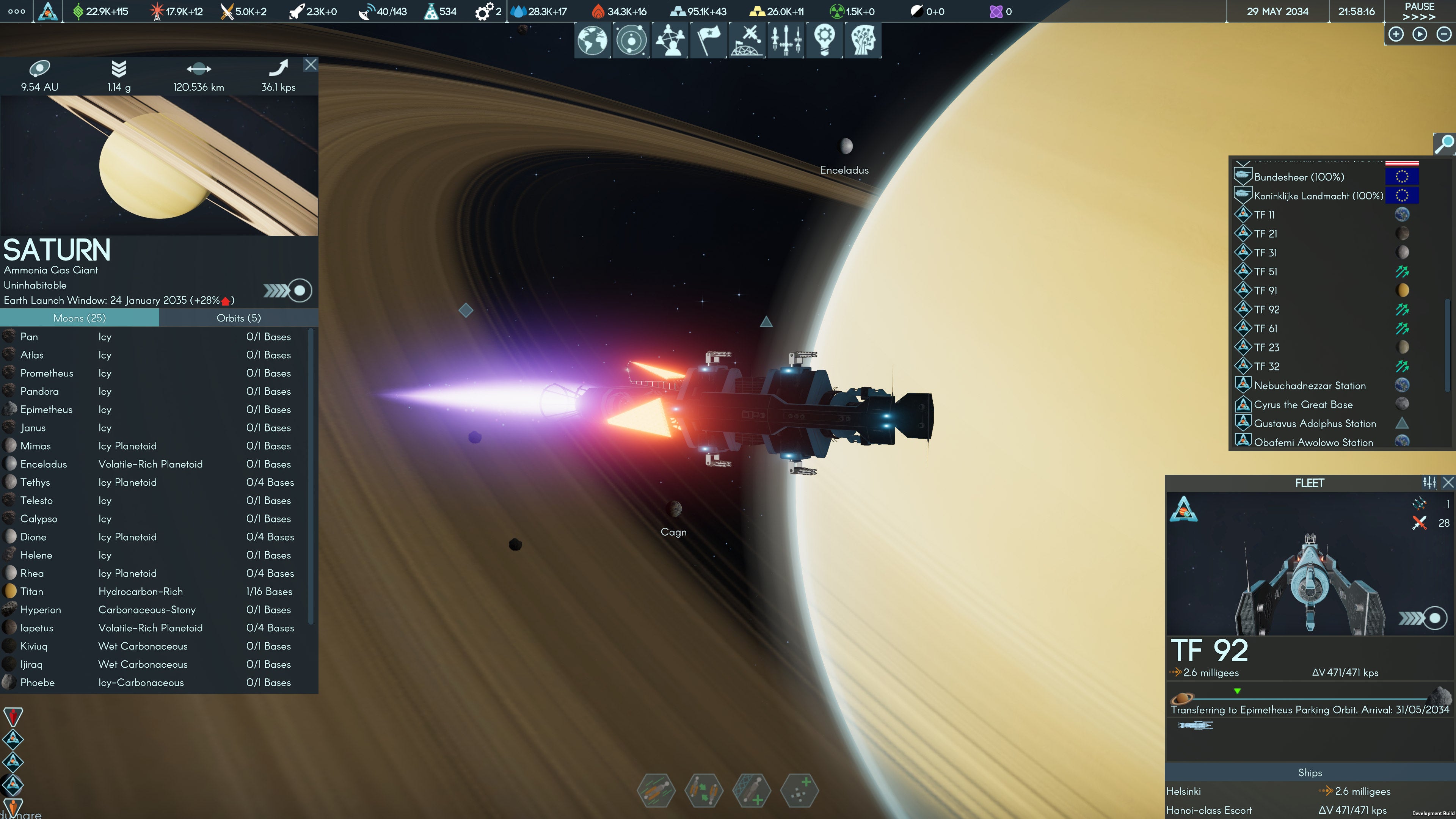 A spaceship flies past Saturn in a Terra Invicta screenshot.