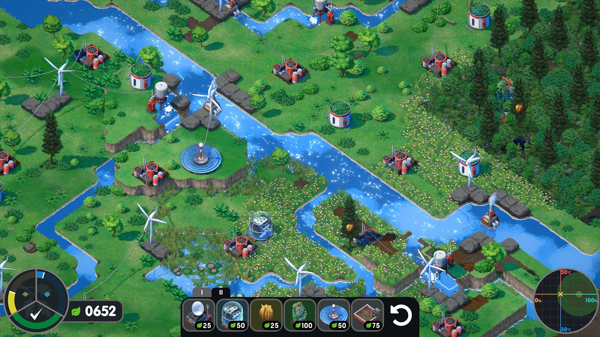 Terra Nil - Isometric view of a green and grassy environment full of rivers with wind turbines and water purifiers built on the landscape.