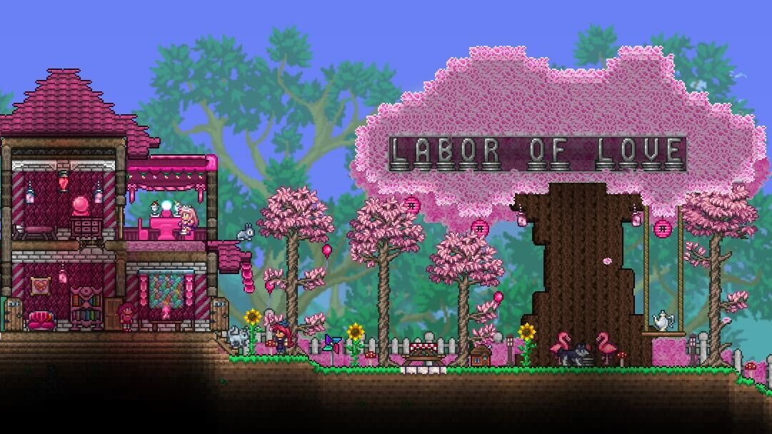 A tree with pink blossoms and a pretty pink house in art for Terraria's Labor Of Love update.